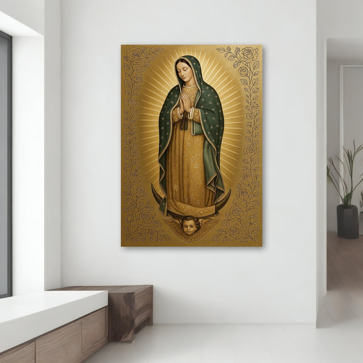 Ready to hang Virgin of Guadalupe canvas close-up