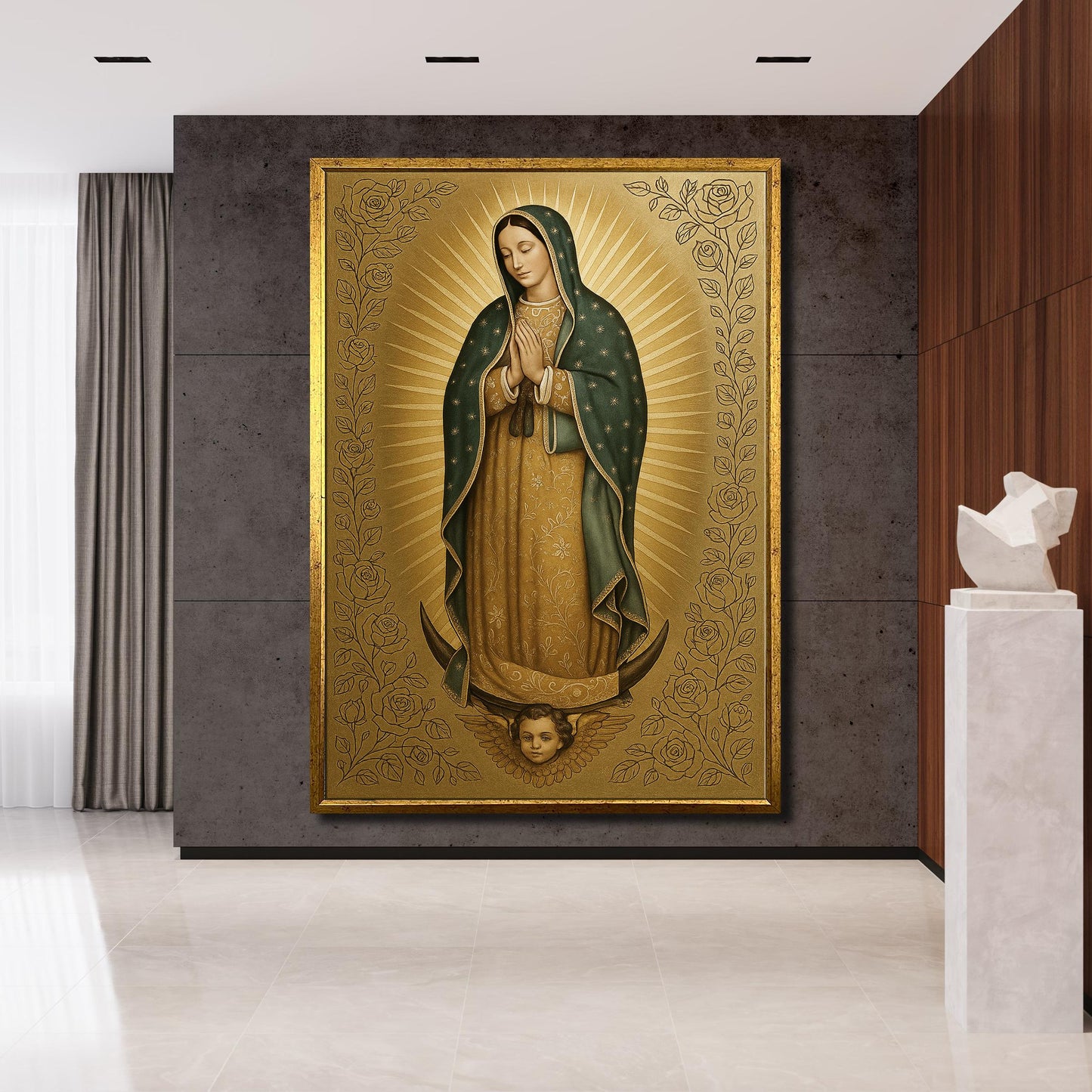 Religious wall art featuring Virgin of Guadalupe detail
