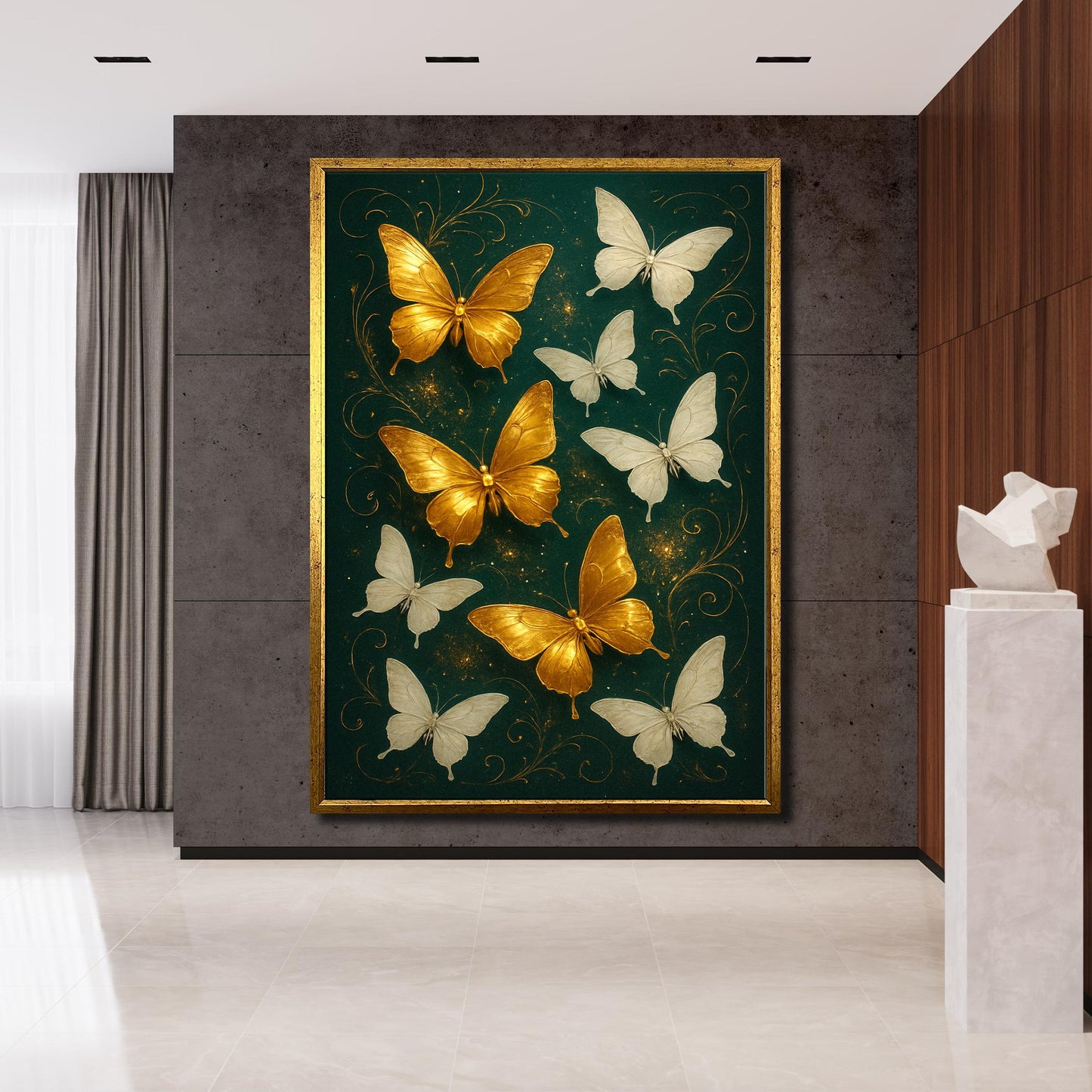 Close-up view of gold butterfly details amid emerald foliage in a canvas wall art.