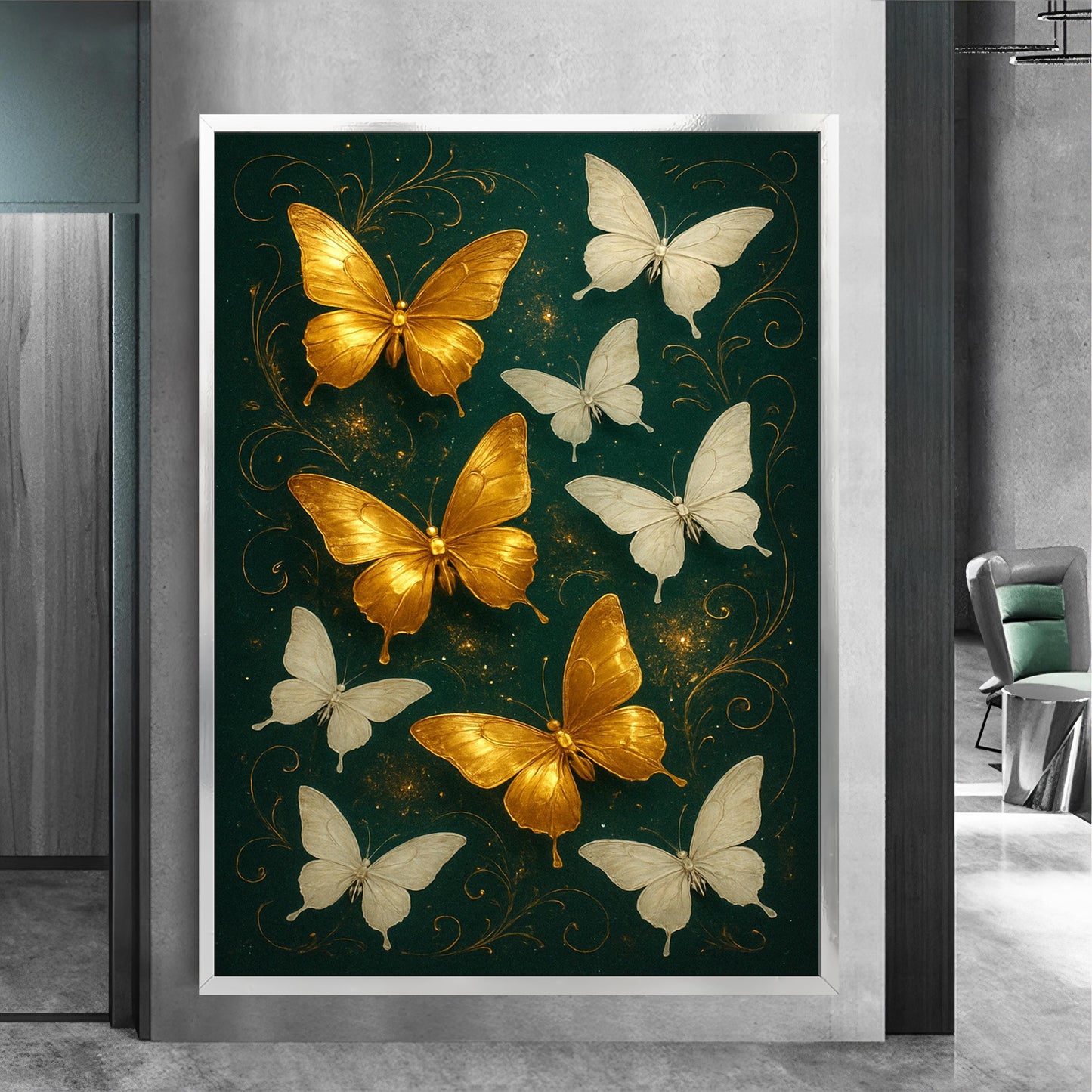 Elegant wall art featuring golden butterflies and verdant greenery.