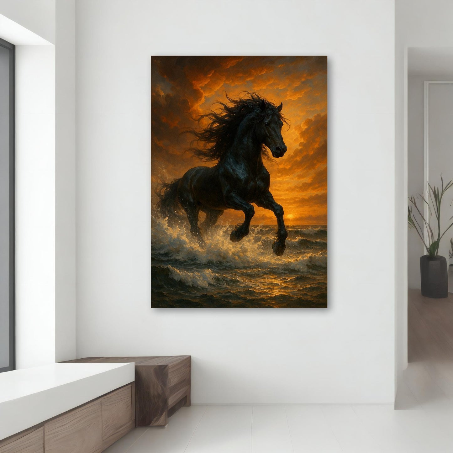 Animal art: black horse in motion on golden sea at dusk