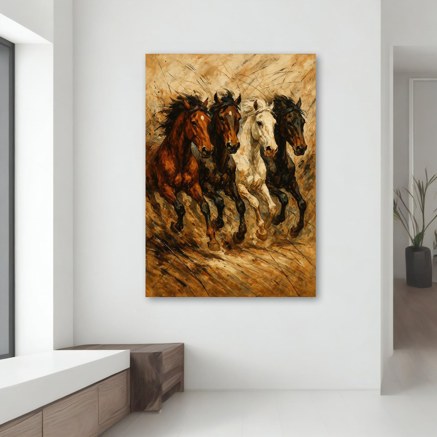 Living room setup showcasing ready-to-hang horse wall decor