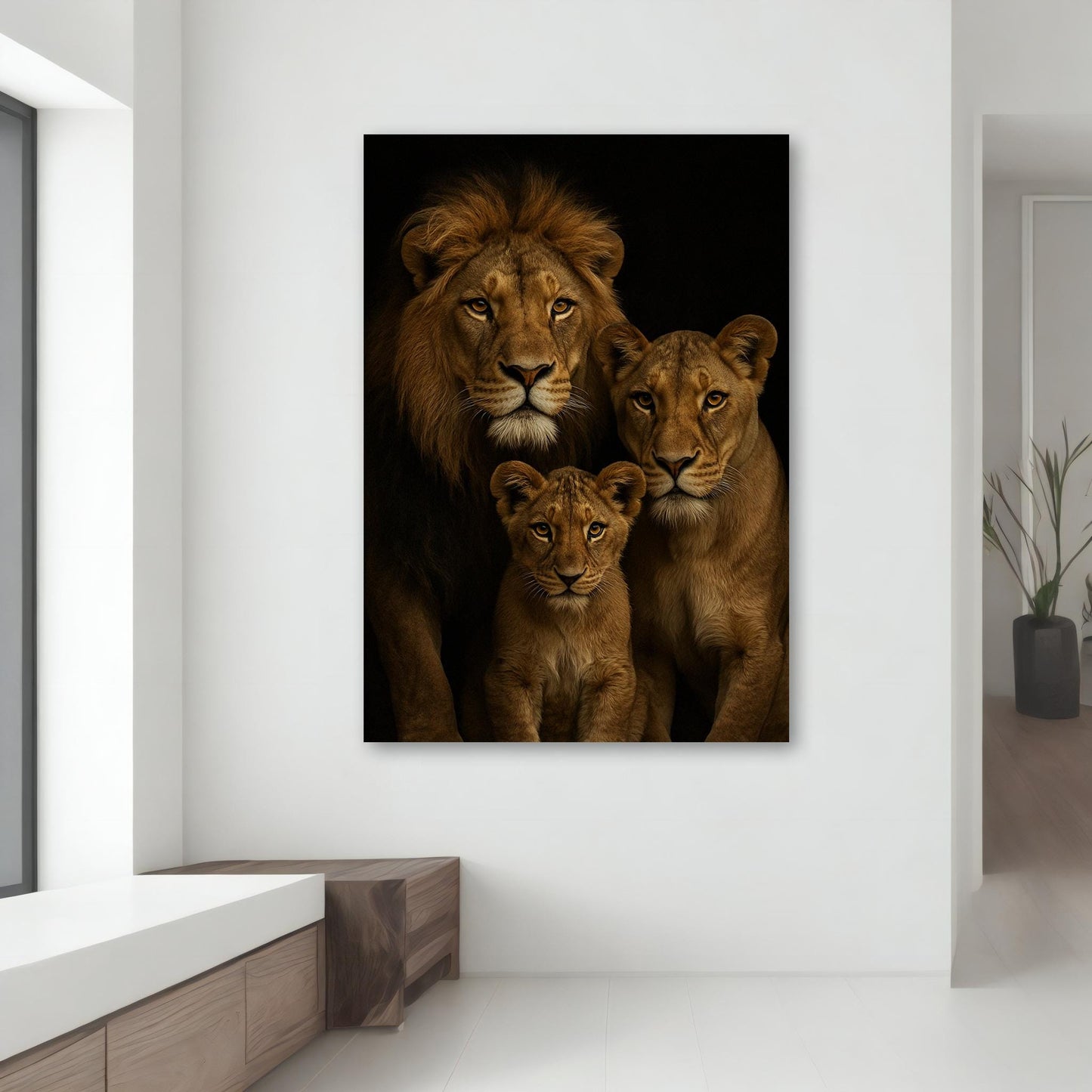 Gift-worthy wall art featuring black lion in gilded frame