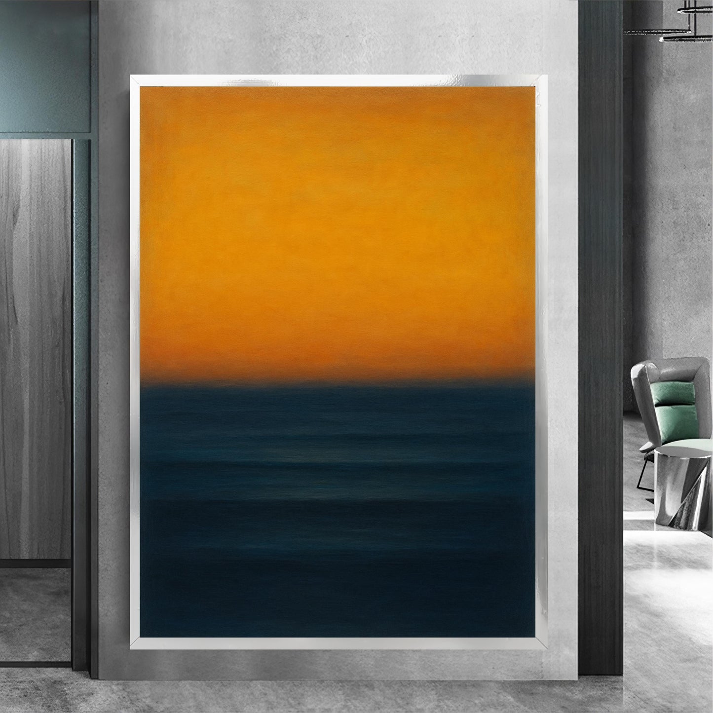 Close-up of bold yellow and navy color fields on canvas wall art