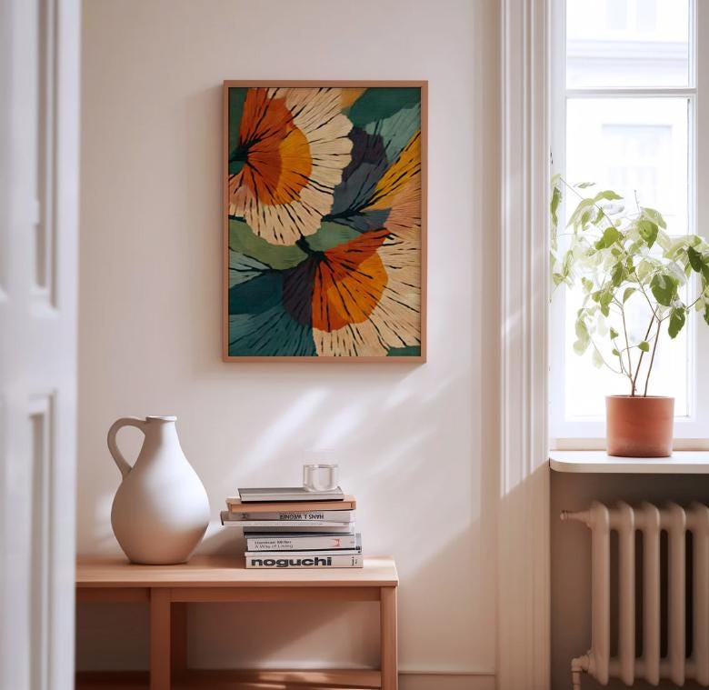 Bedroom wall art featuring stylized botanical motif