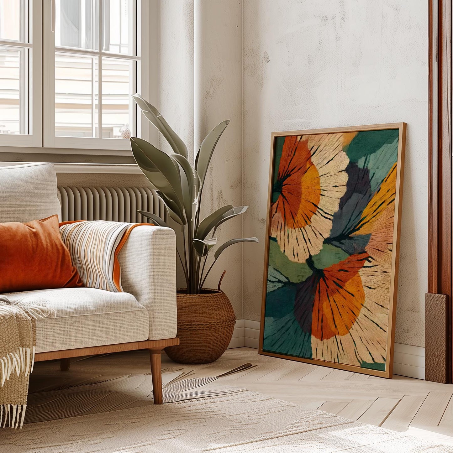 Close-up of abstract flowers and organic forms on canvas
