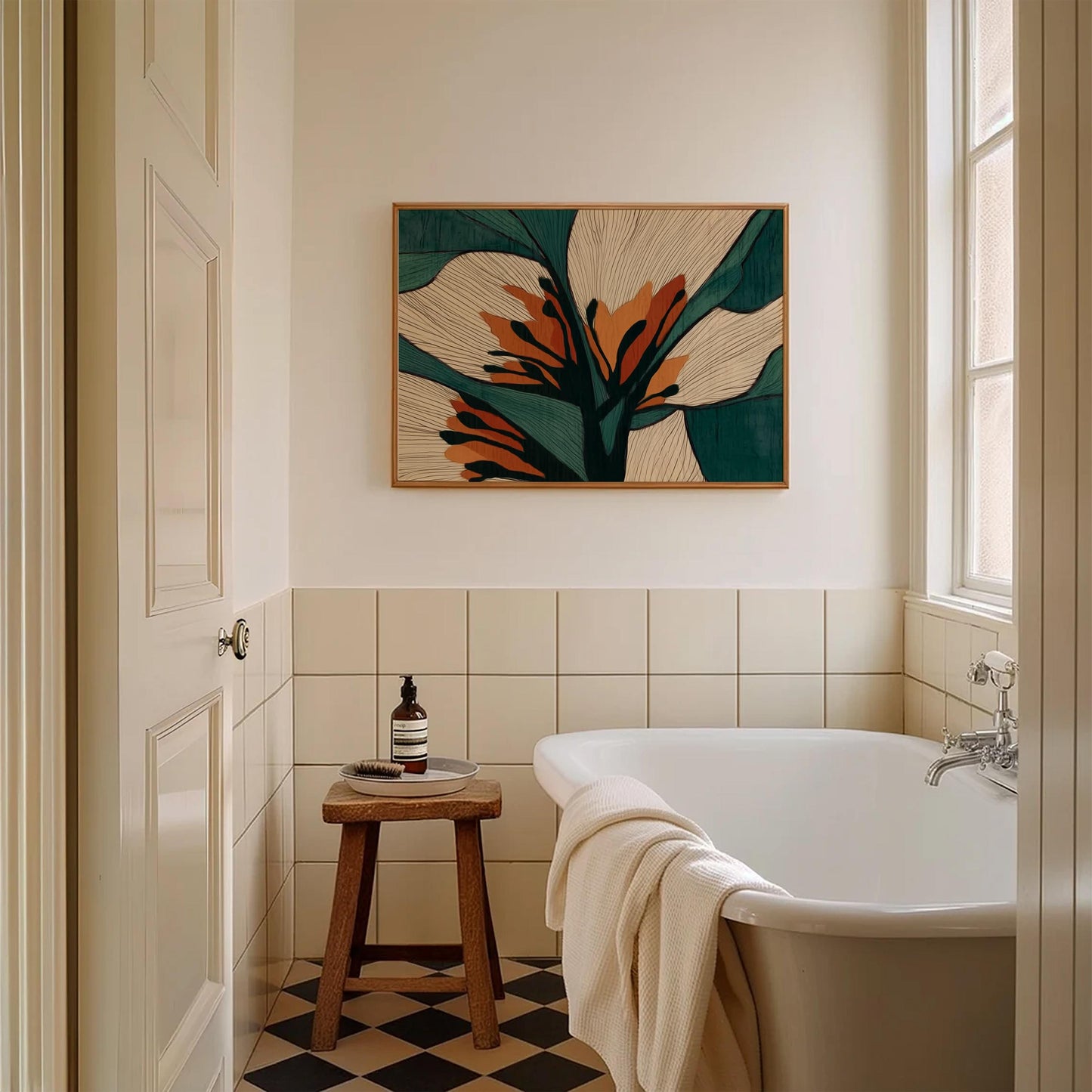 Floral wall art on a neutral wall with framed look