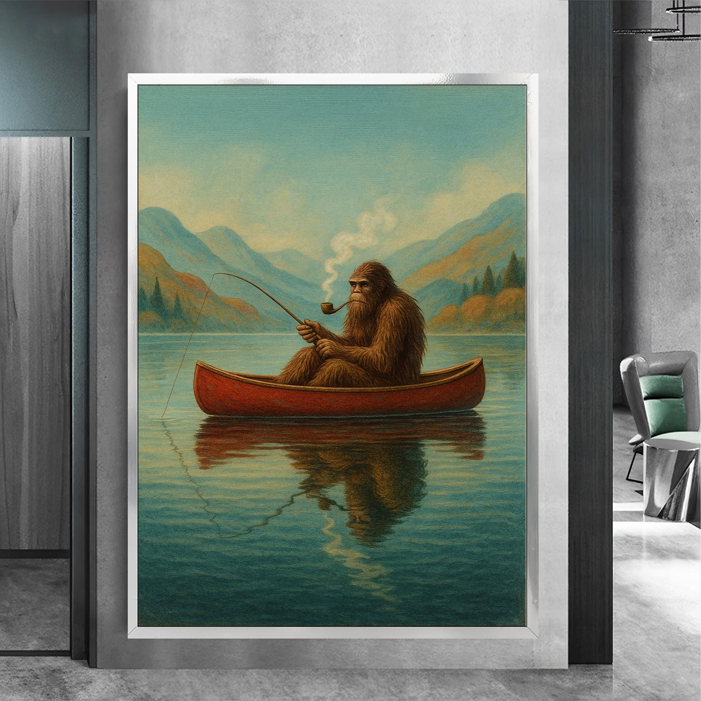 Wide view of Bigfoot by the lake with mountains in distance
