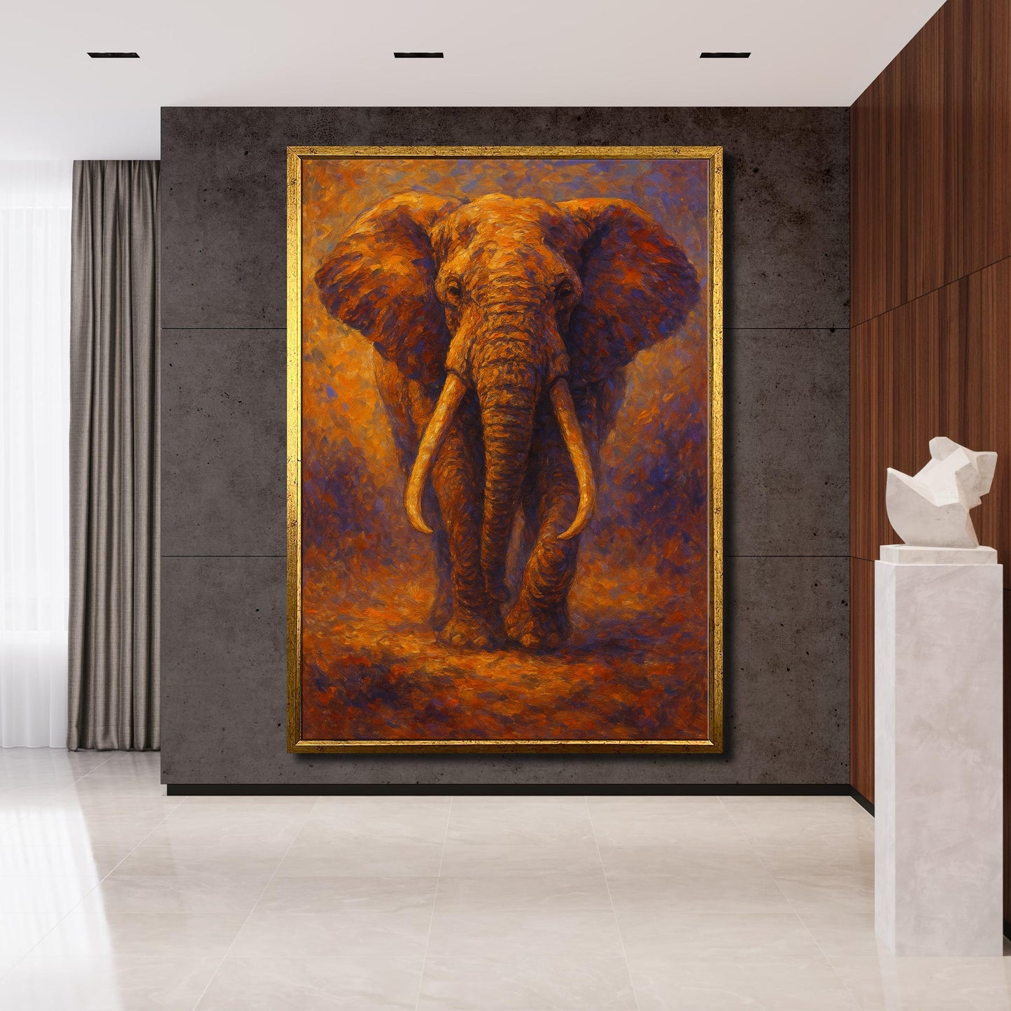 Detail of elephant with bold brushstrokes in warm tones