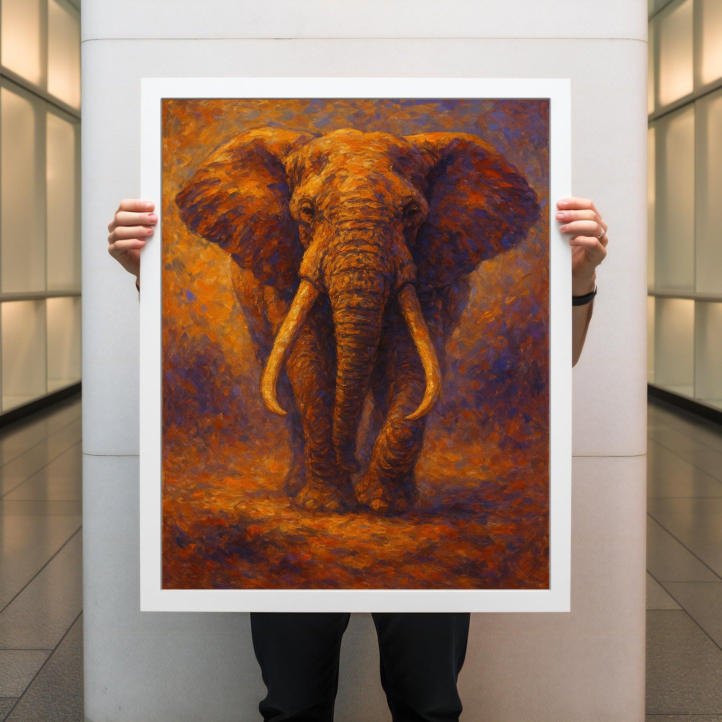 Full view of elephant wall art on textured canvas