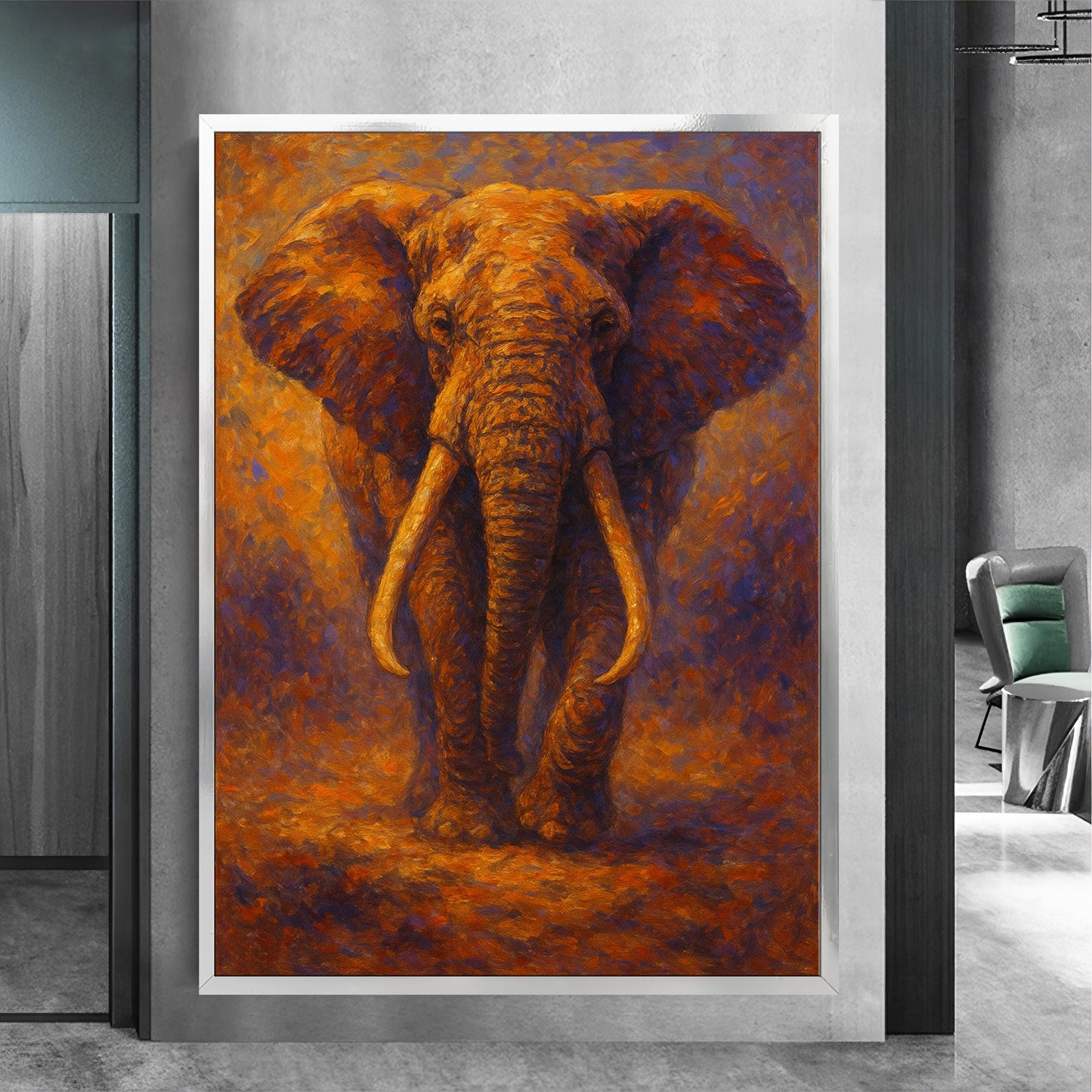 Ready-to-hang elephant wildlife decor in living room setting
