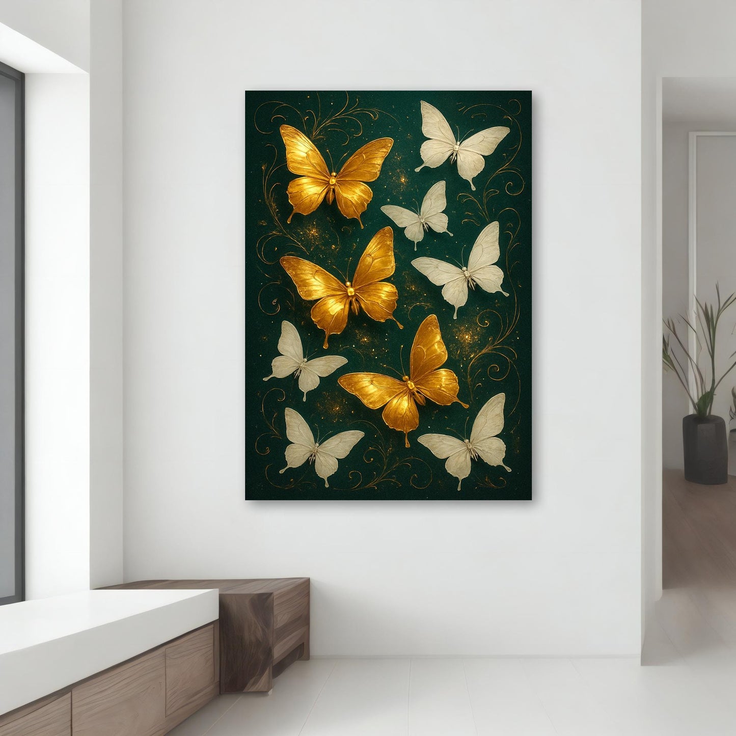 Decorative canvas painting showing butterflies in a sunlit forest backdrop.