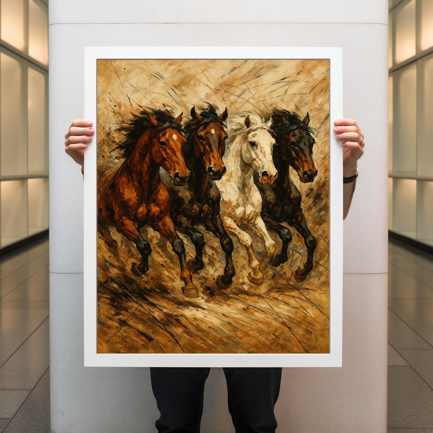 Wide desert scene with a herd of galloping horses in earthy tones