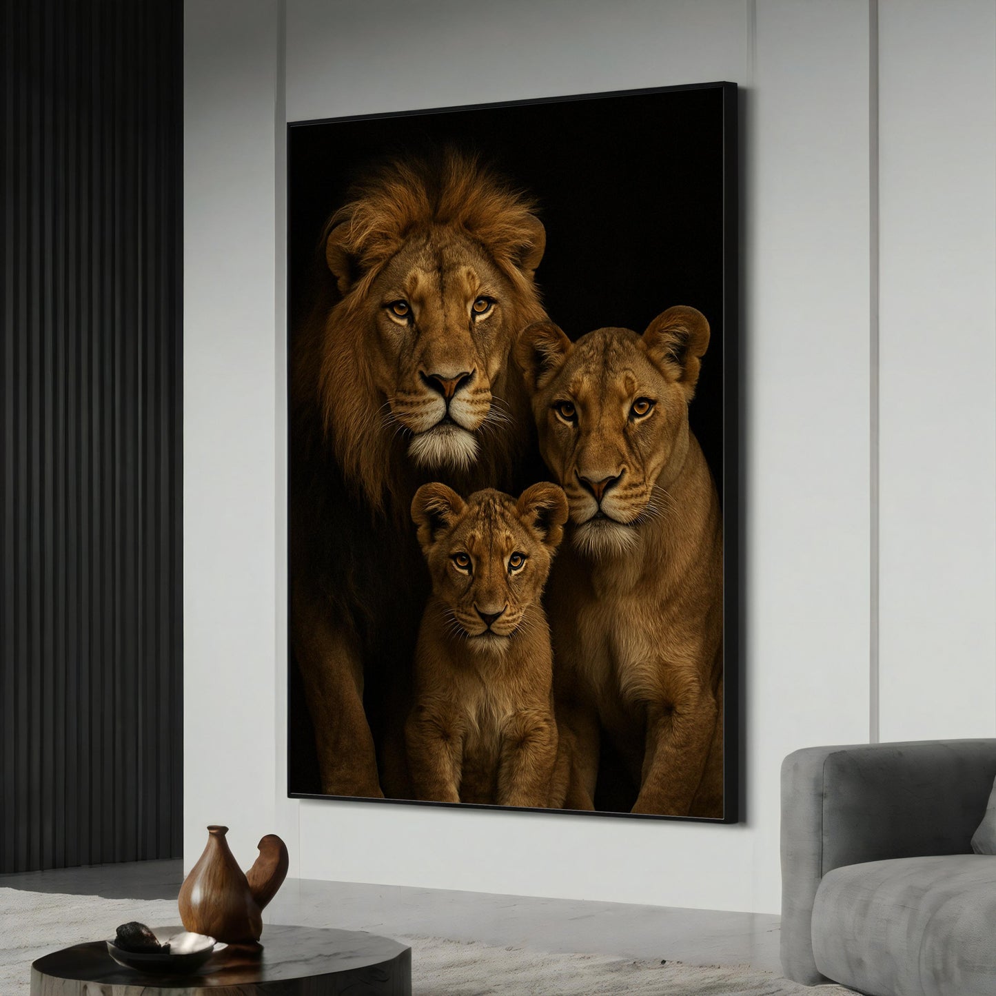 Majestic black lion gaze on canvas with golden floral frame