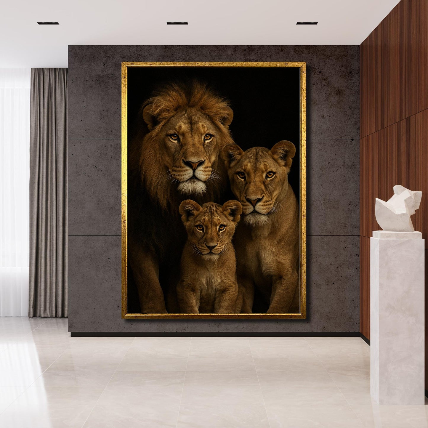 Close-up of lion's gaze against golden florals on canvas