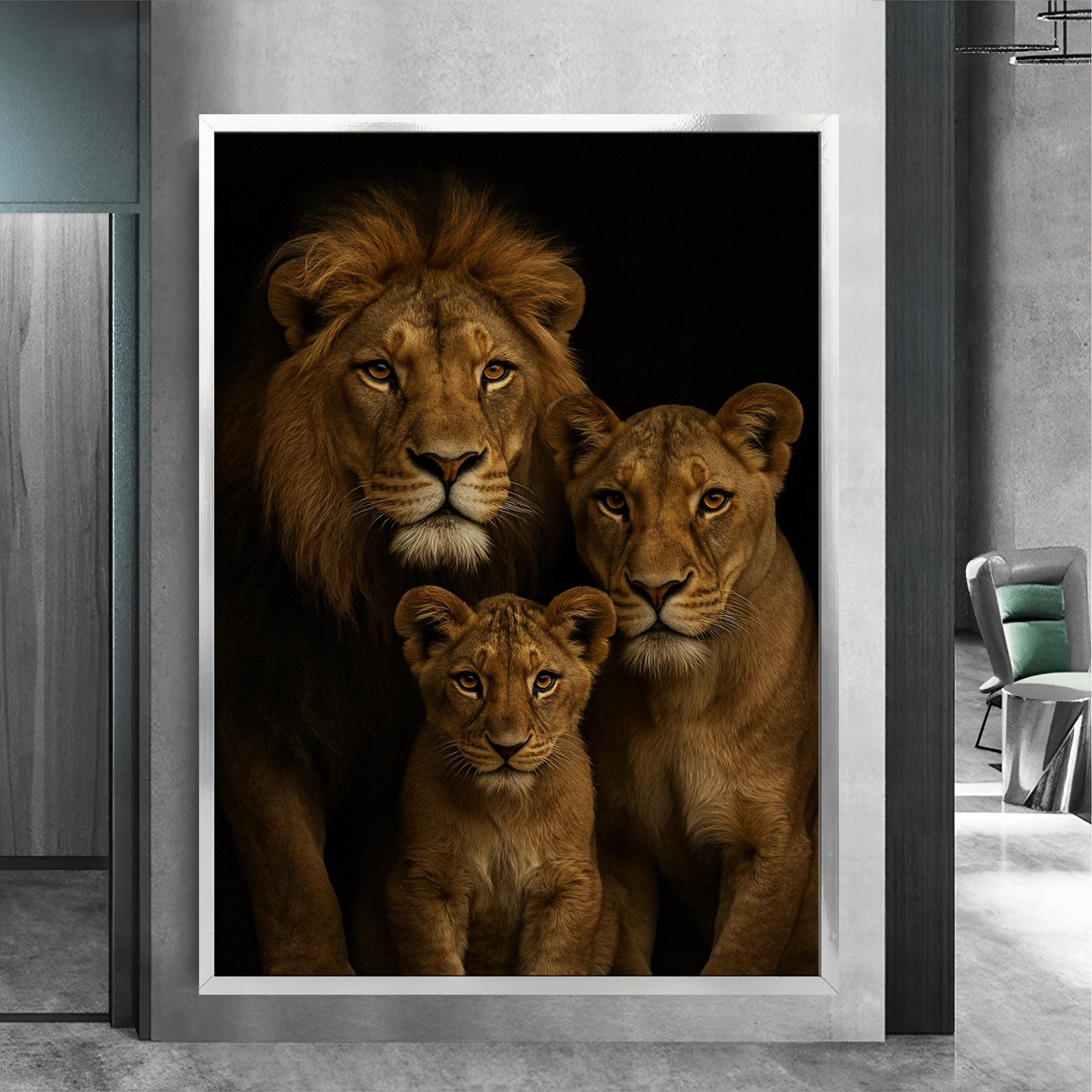 Ornate floral frame surrounding a regal lion portrait
