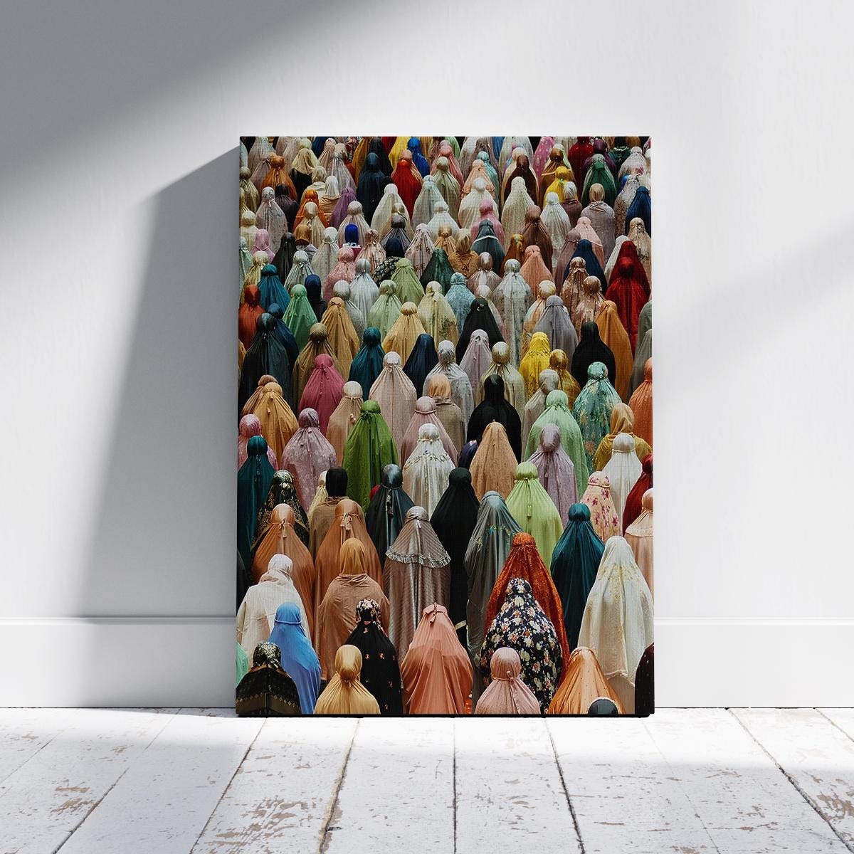 Group of women in hijab praying, in a modern abstract Islamic poster
