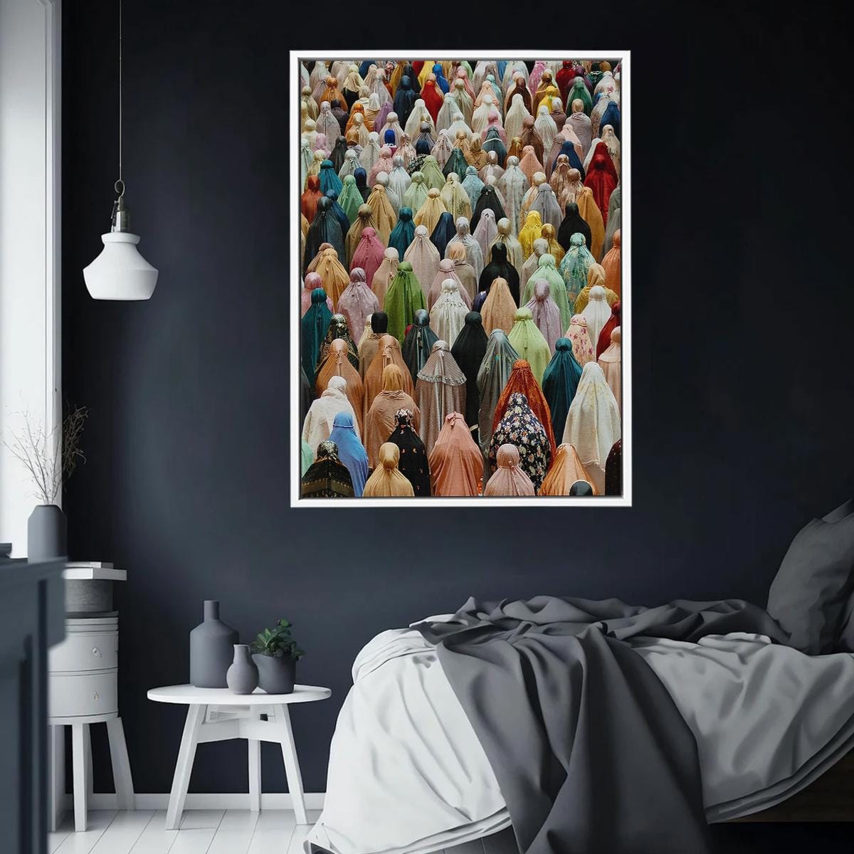 Muslim women in hijab depicted in a celebratory prayer gathering artwork