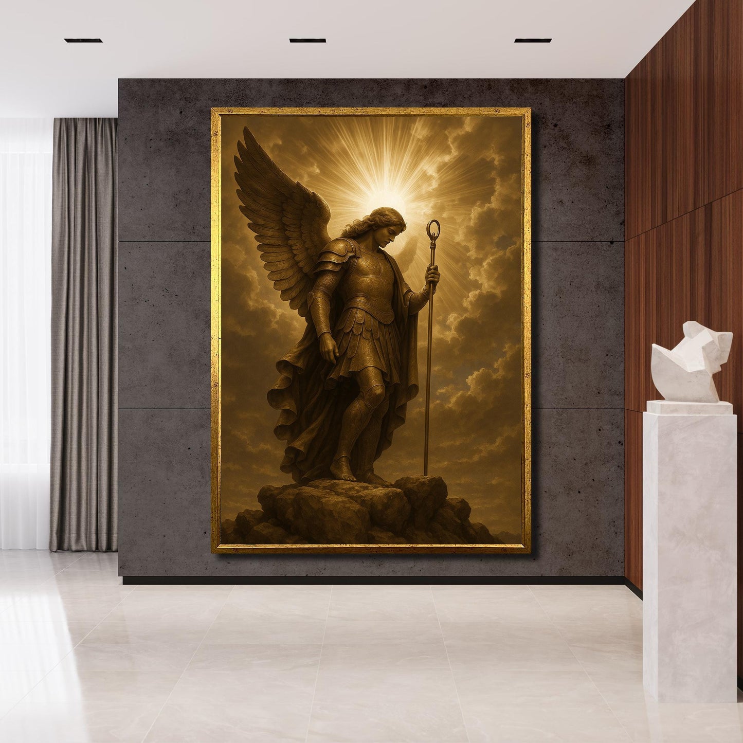 Golden light glow surrounding Archangel Michael on canvas