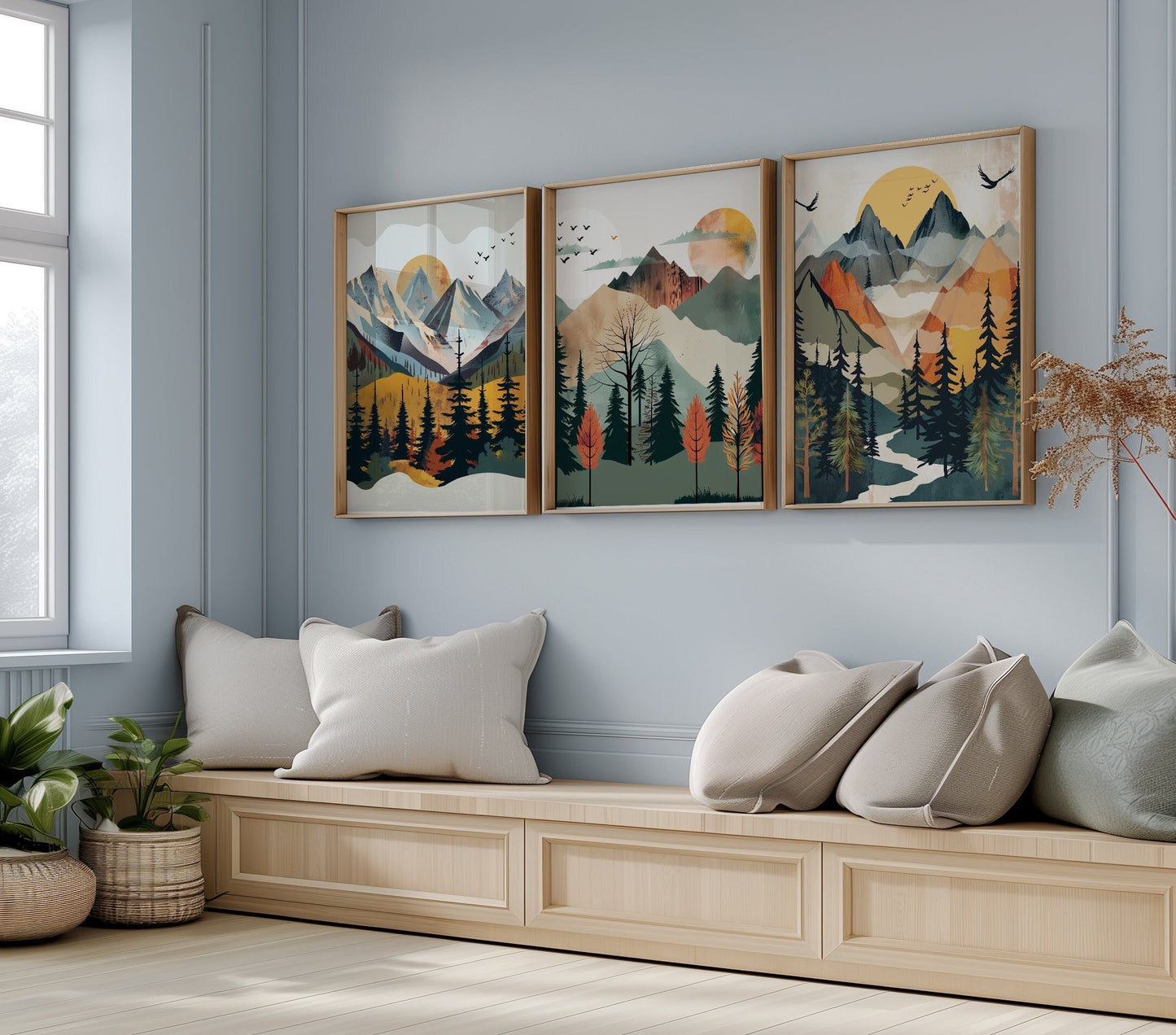 Mountain landscape wall art for boys room with tree motif