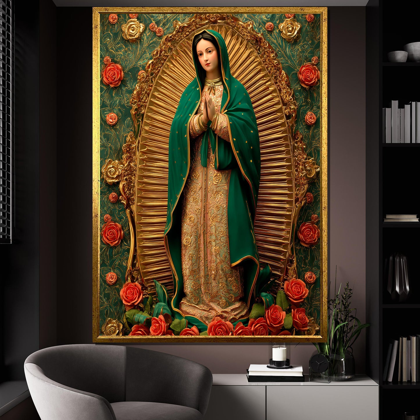 Virgin of Guadalupe canvas painting with roses - front view