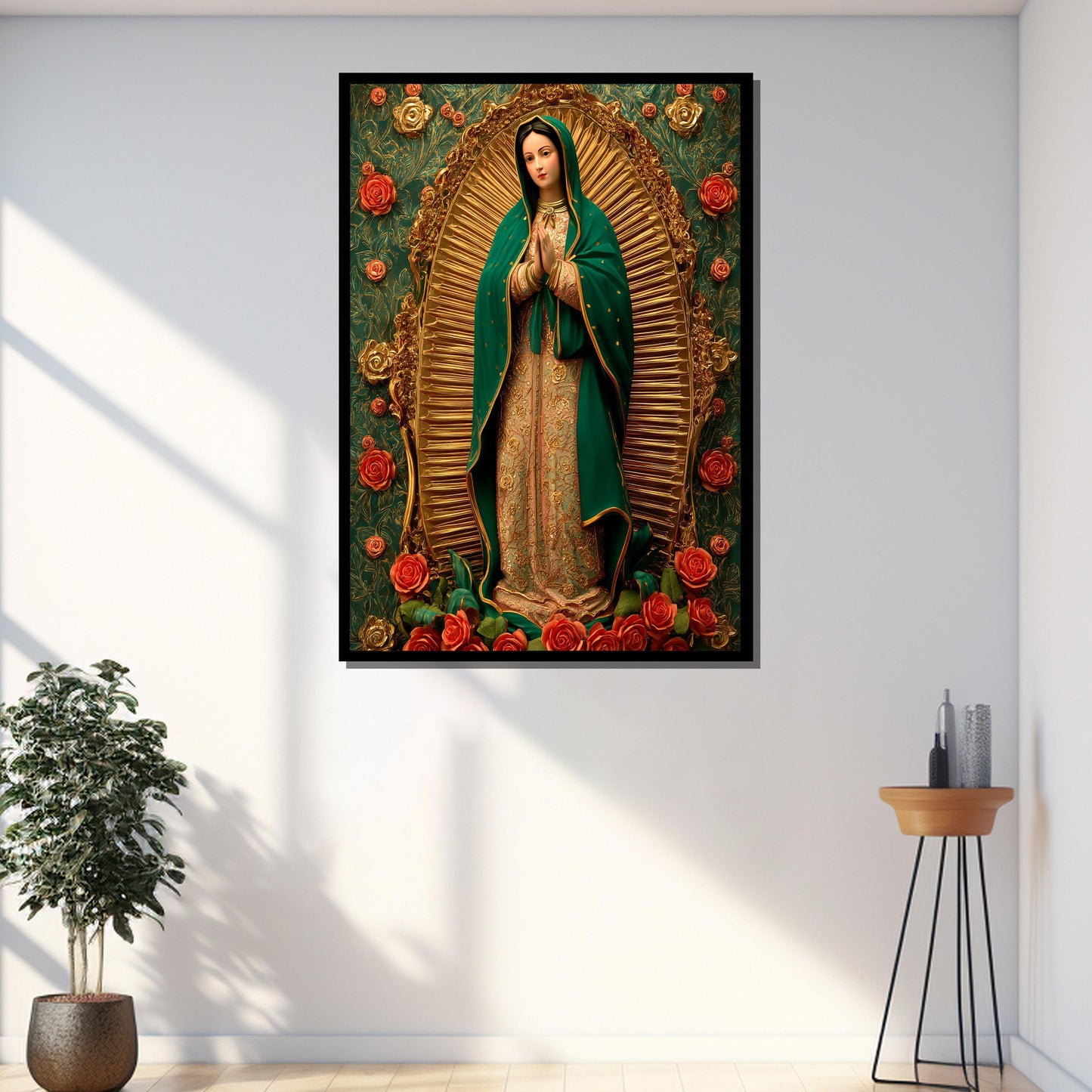 Close-up detail of Virgin of Guadalupe with rose accents on canvas