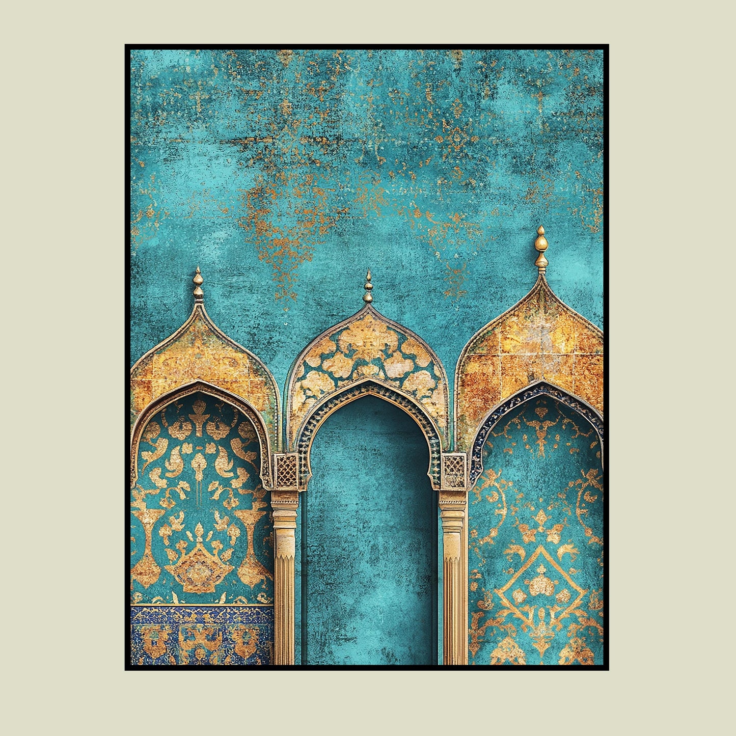 Turquoise and gold abstract canvas wall piece for Eid
