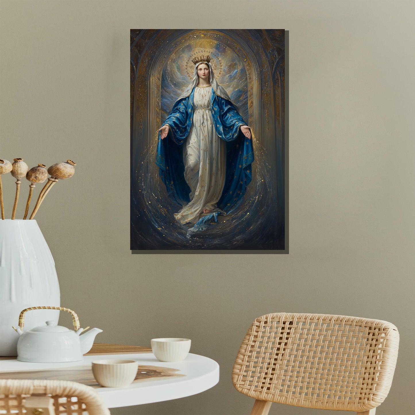 Virgin Mary artwork on wall in blue and gold