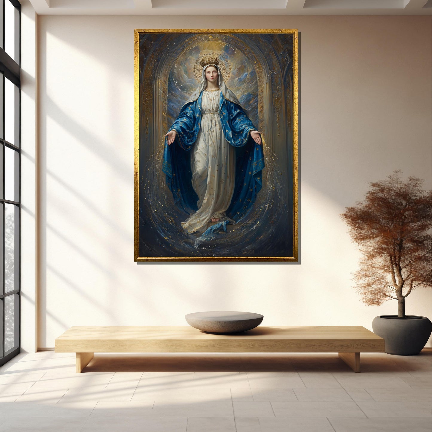 Close-up of Virgin Mary portrait on canvas