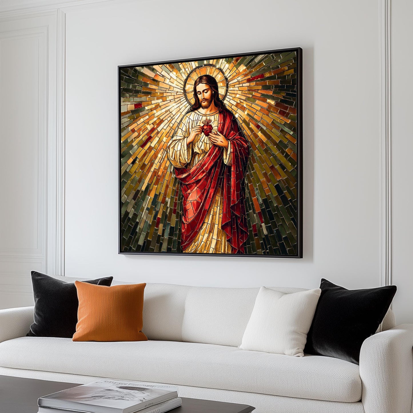 Religious mosaic wall art showing Sacred Heart - full square layout