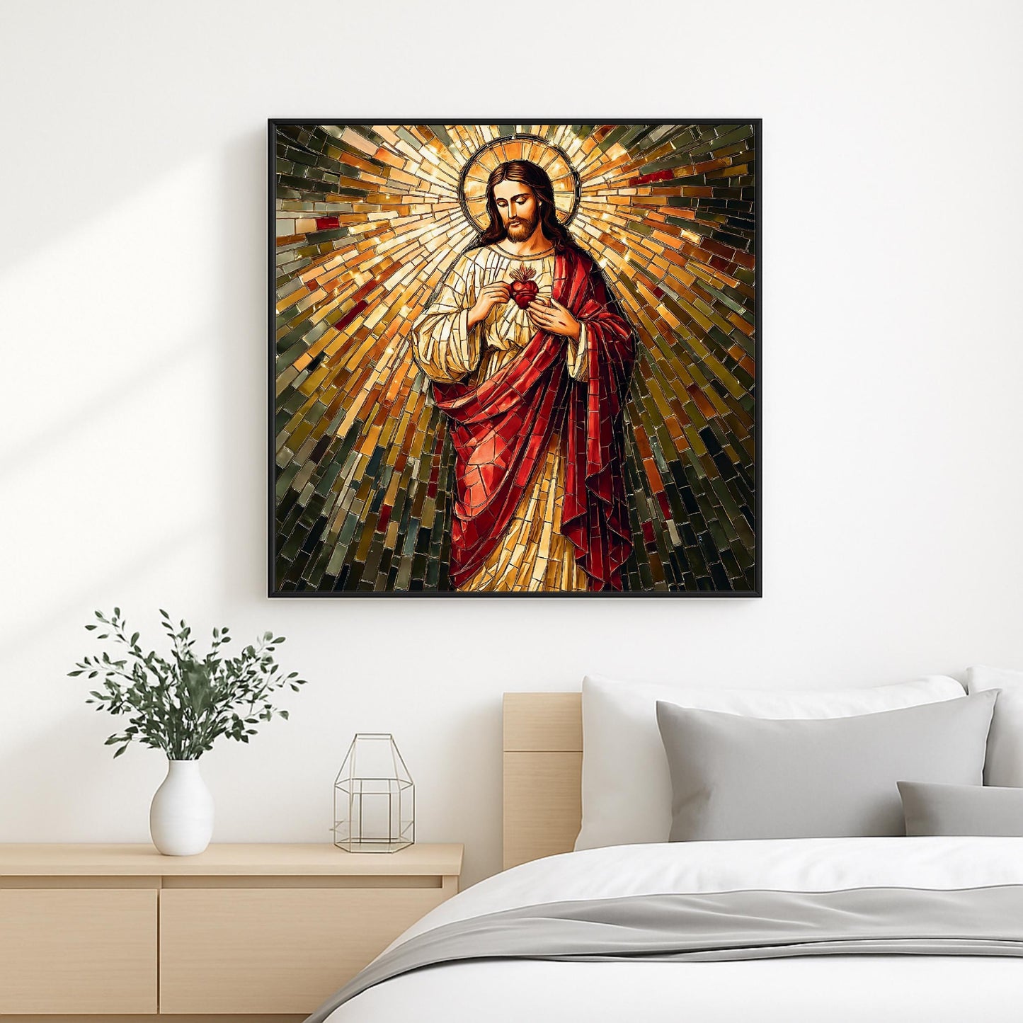 Religious wall art - Sacred Heart of Jesus mosaic print hanging in room