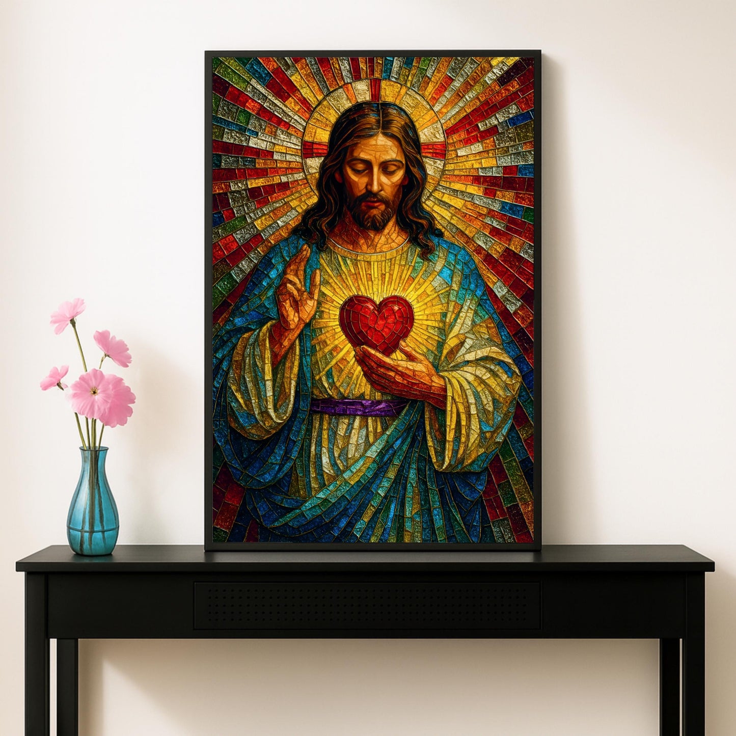 Full view of Sacred Heart mosaic wall art for home or church interior