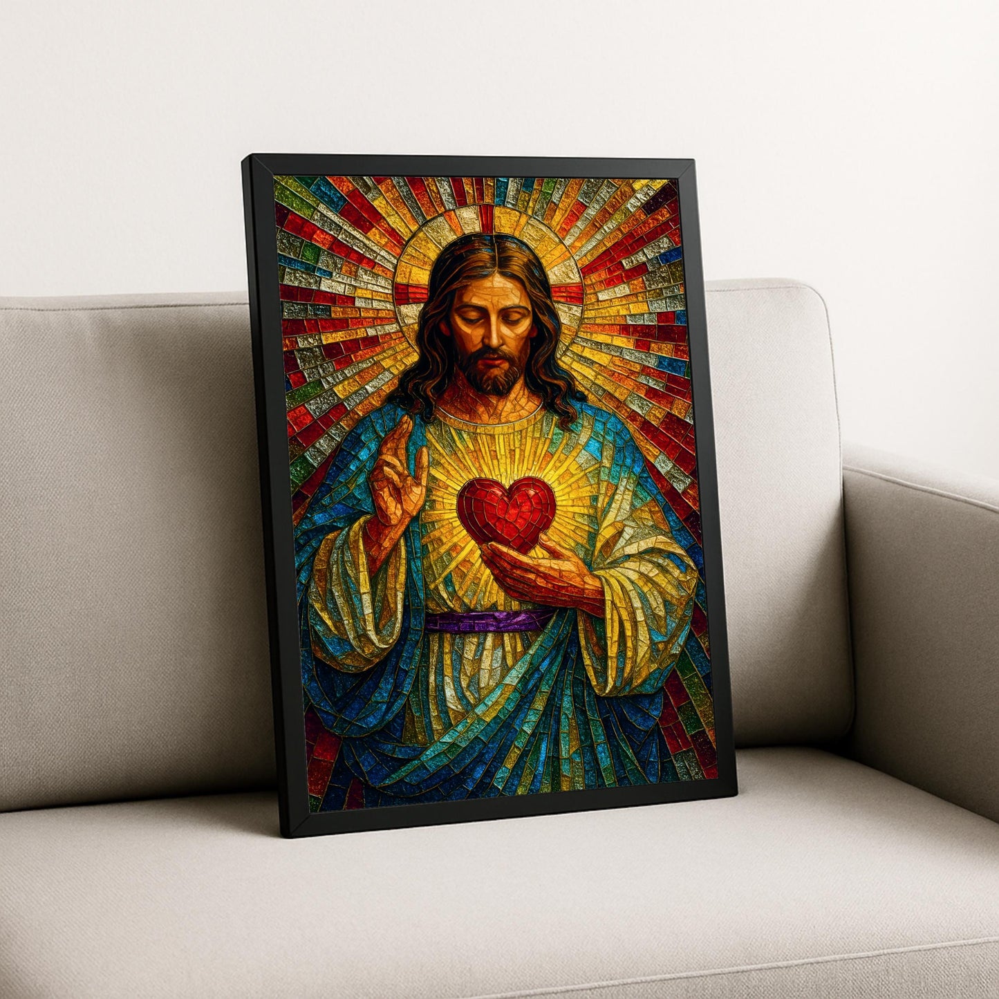 Religious stained glass style wall art featuring Sacred Heart motif