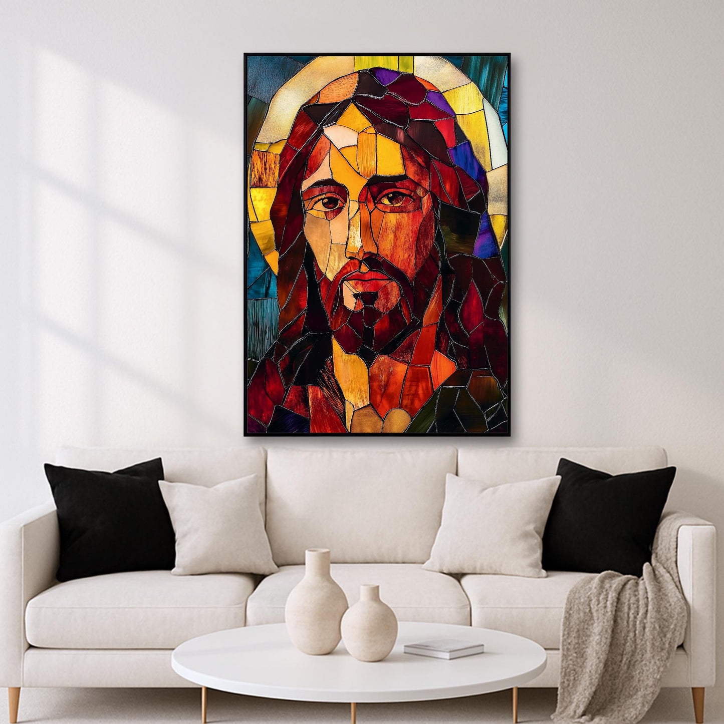 Close-up of stained glass Jesus religious wall decor texture