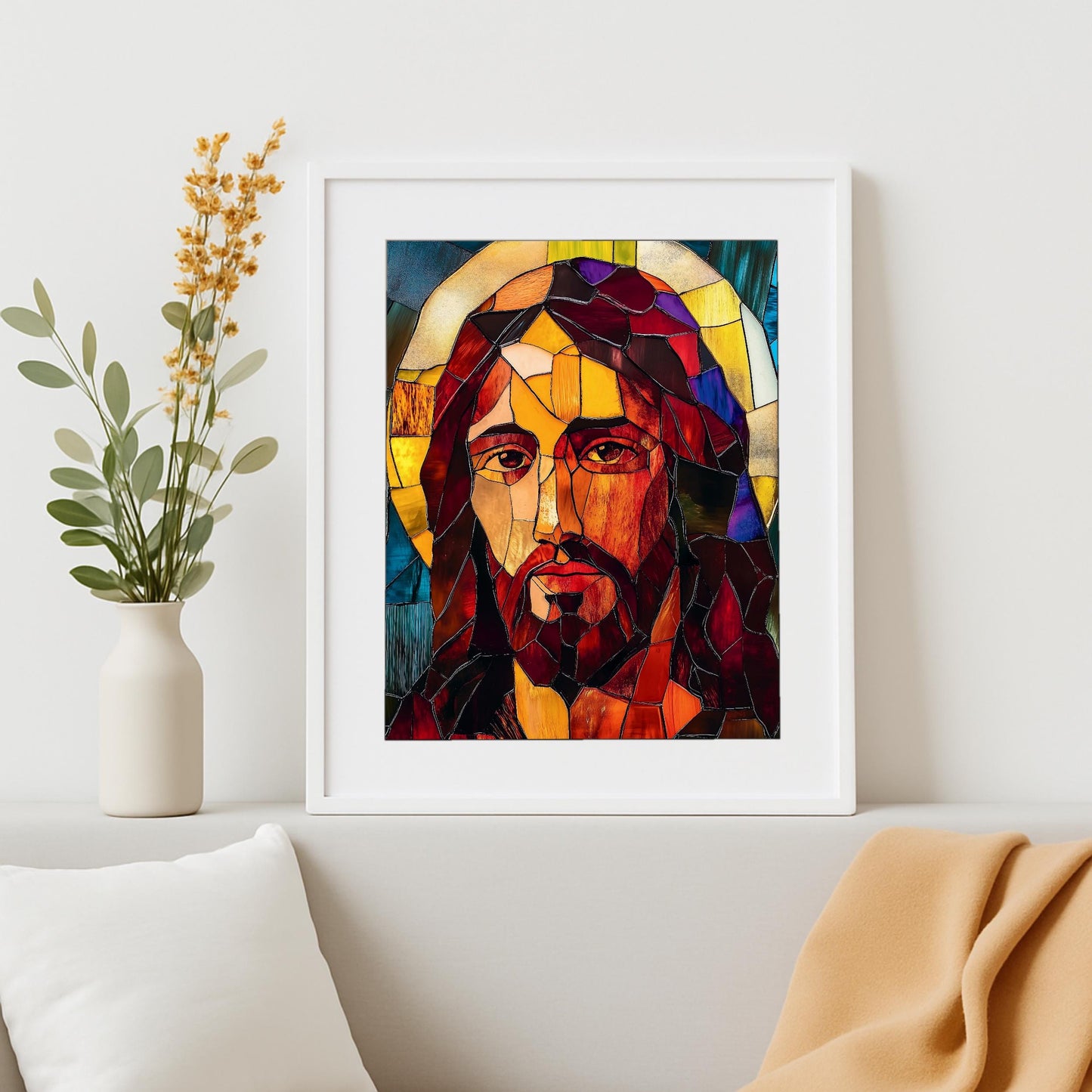 Modern living room with stained glass Jesus artwork on wall