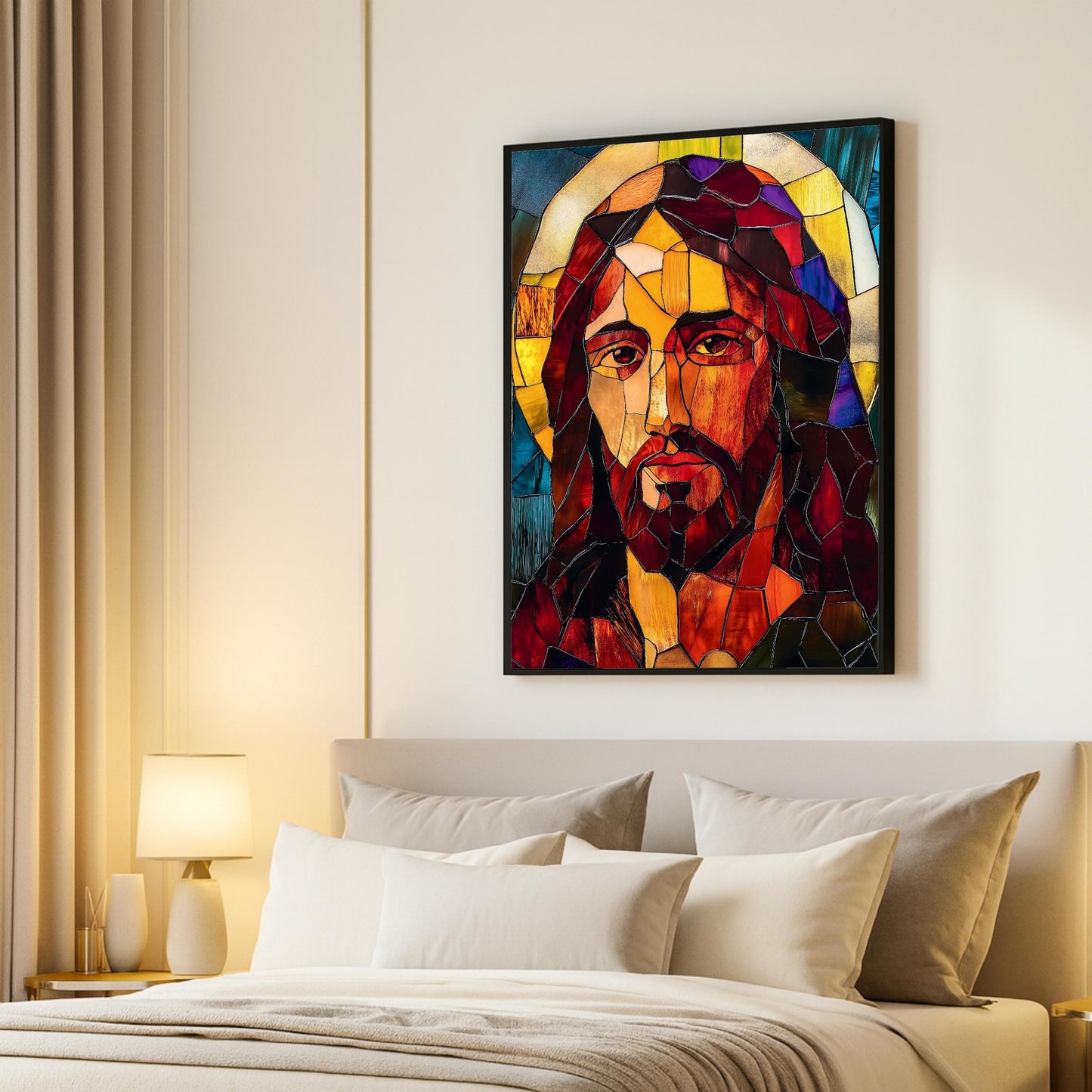 Bedroom display of sacred stained glass Jesus art