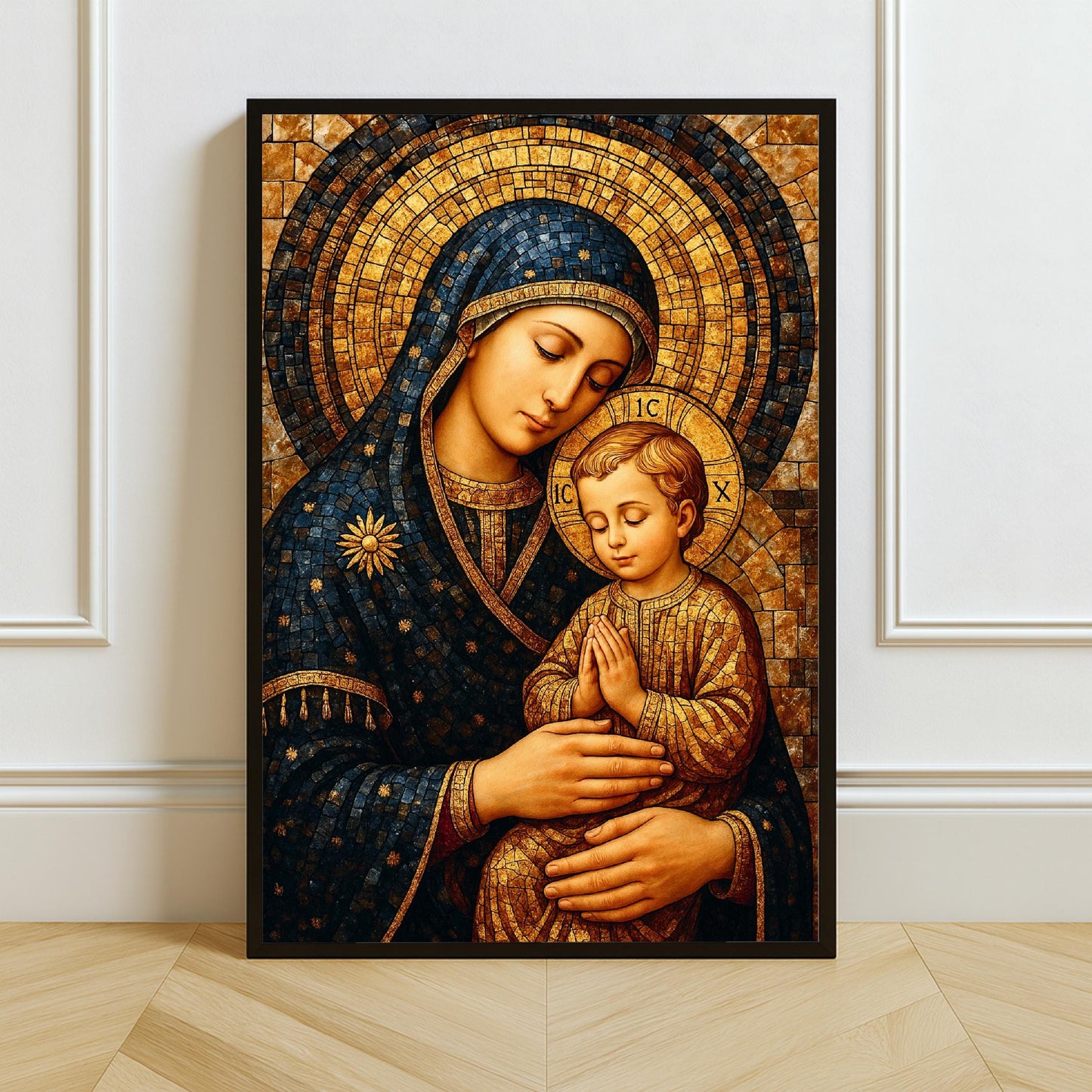 Virgin Mary mosaic art featuring Madonna and Child on neutral background
