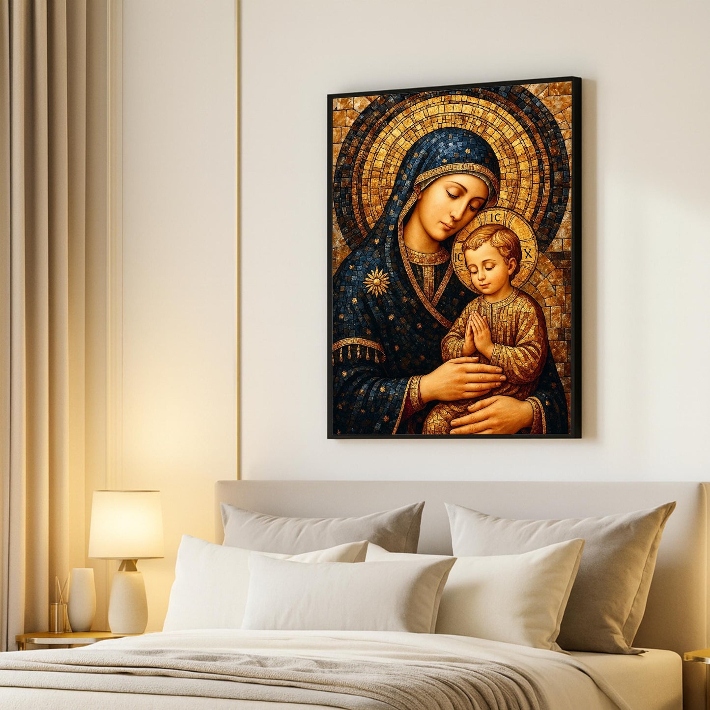 Elegant Virgin Mary and Child mosaic wall decor with ornate tile pattern