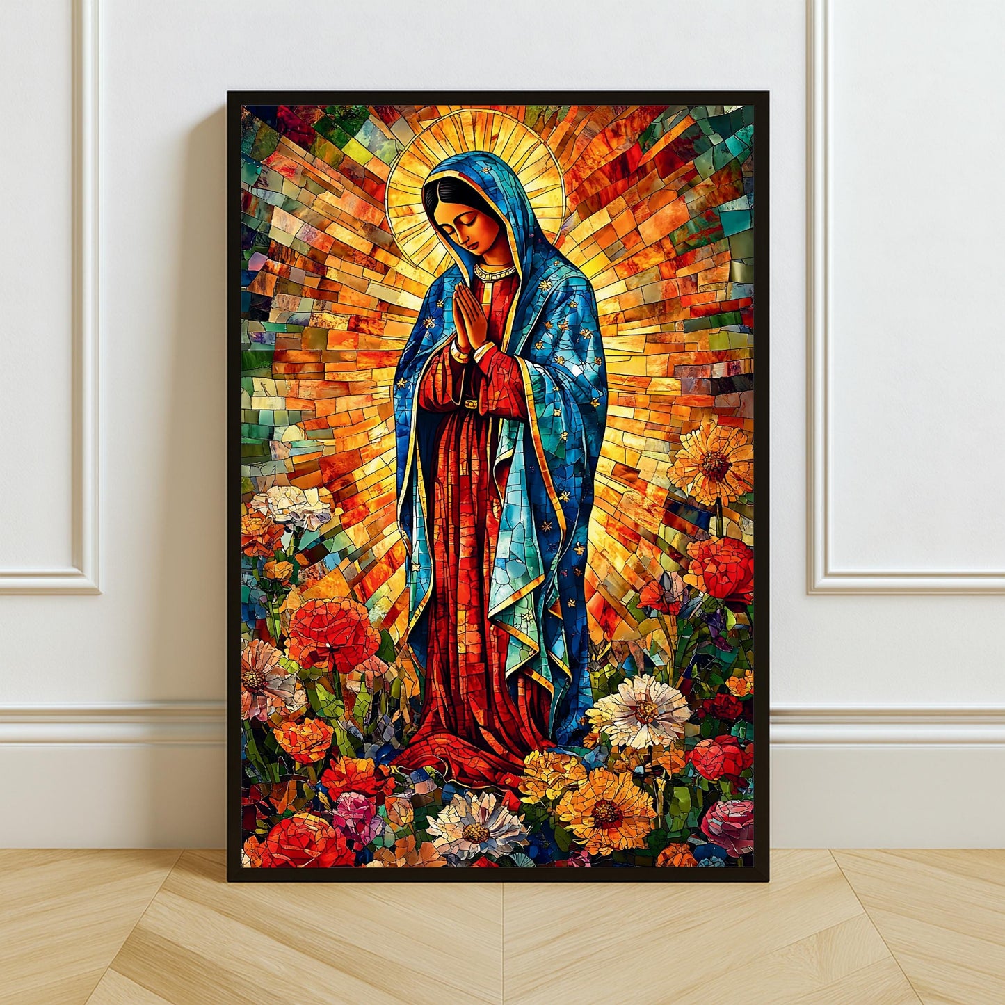 Portrait of Our Lady of Guadalupe in a colorful mosaic style