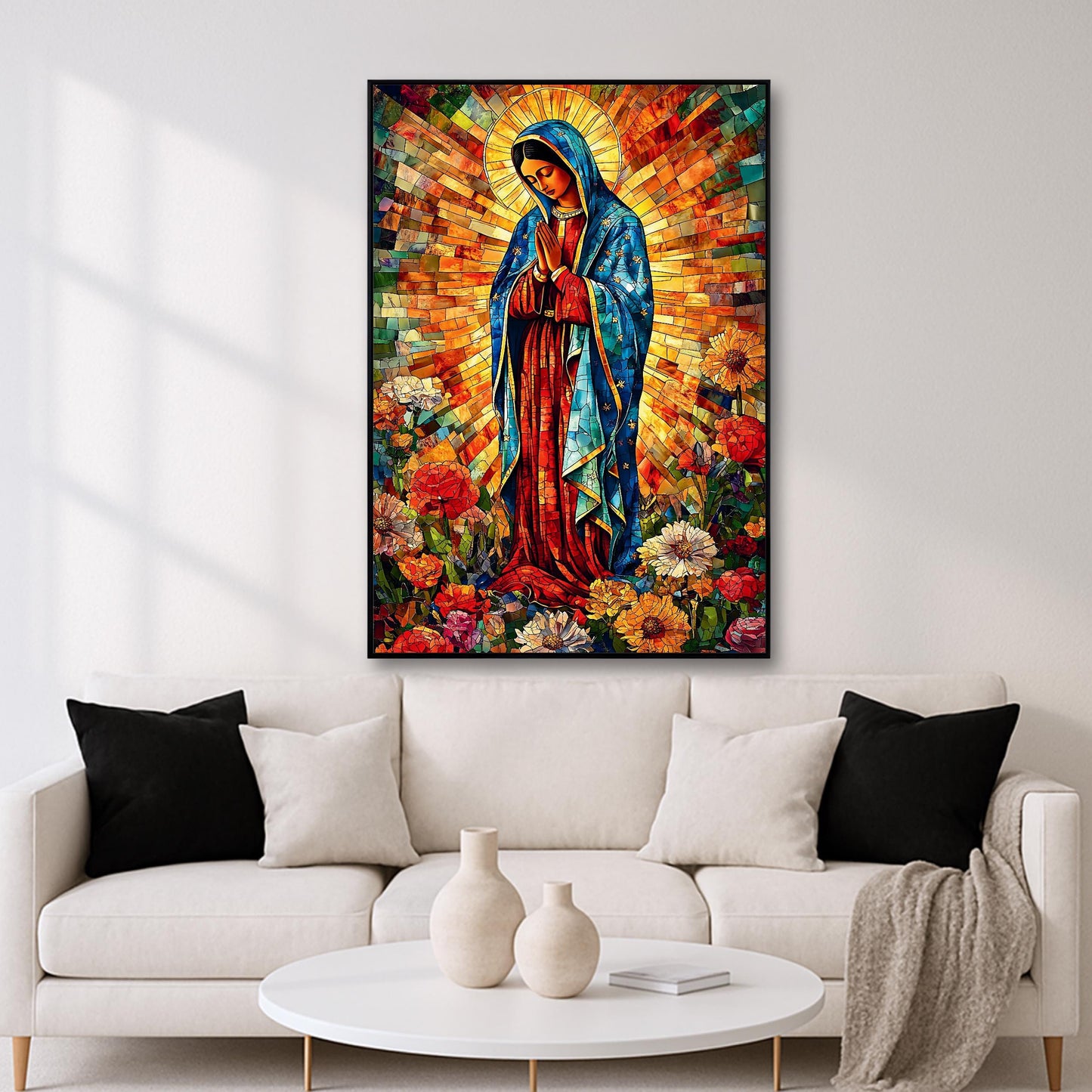 Virgin Mary sacred art wall decor with floral accents