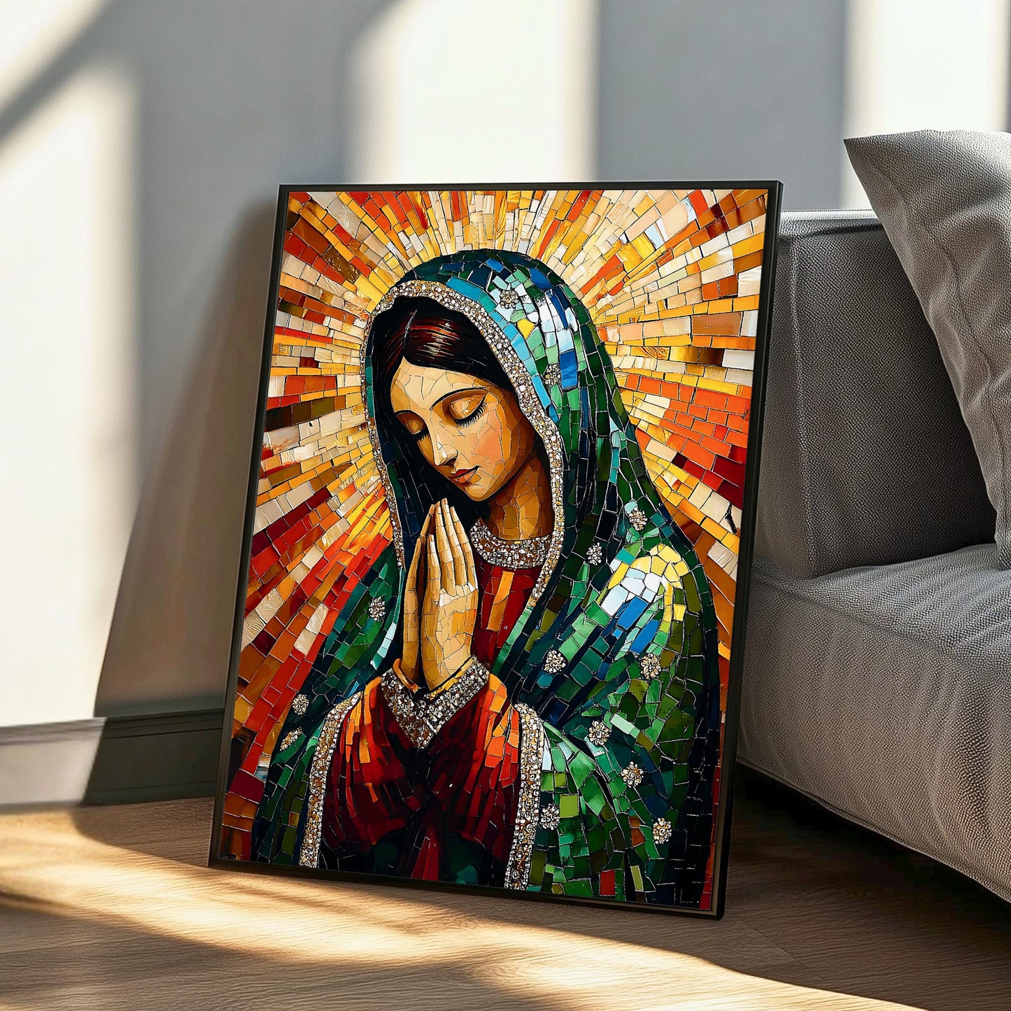 Vibrant Mary of Guadalupe mosaic artwork displayed in living room
