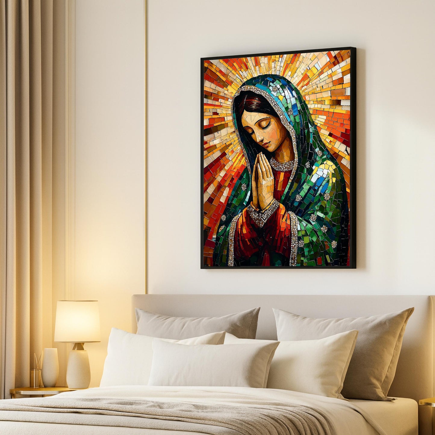 Ready-to-hang wall art: Mary of Guadalupe mosaic centerpiece