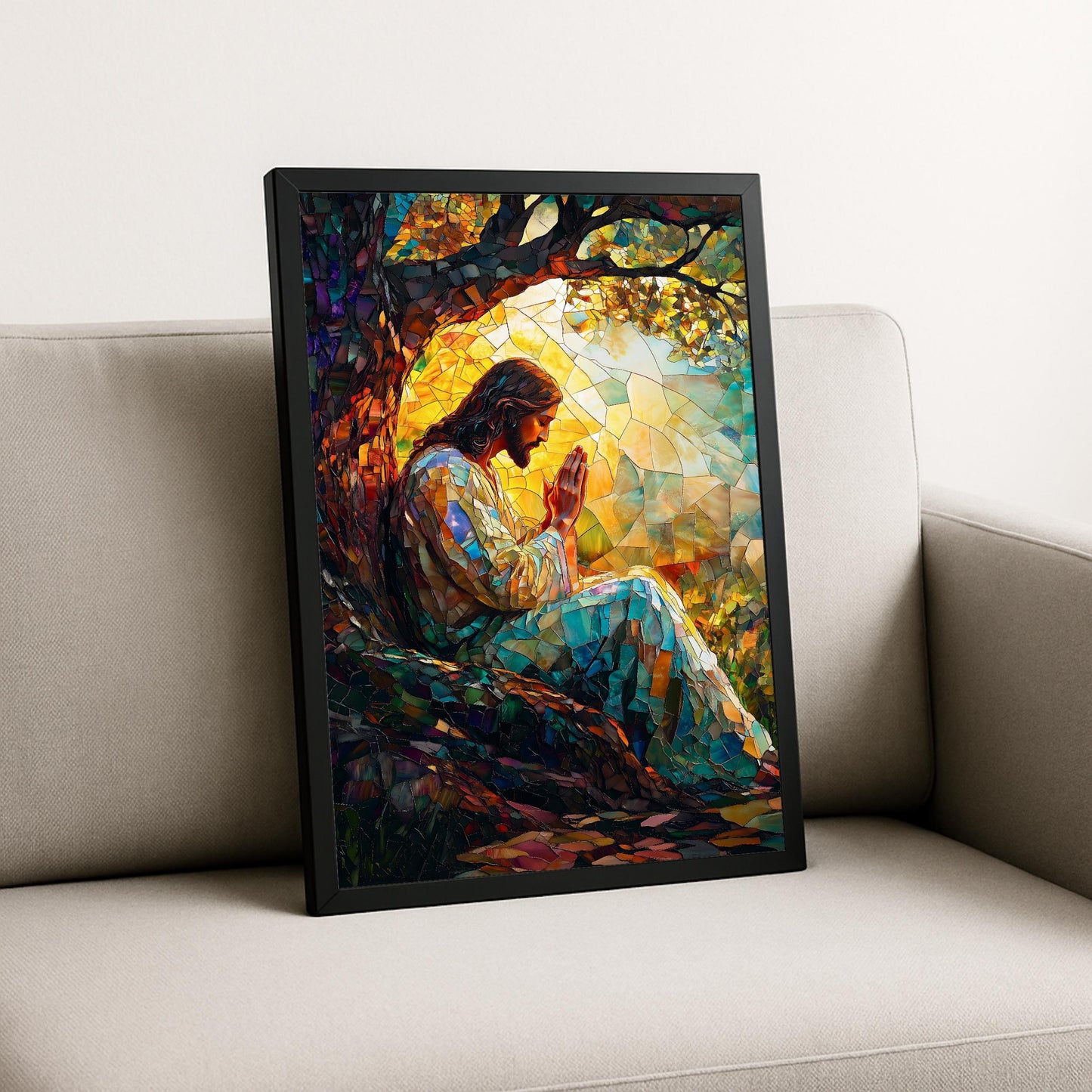 Living room wall art with stained glass Jesus design