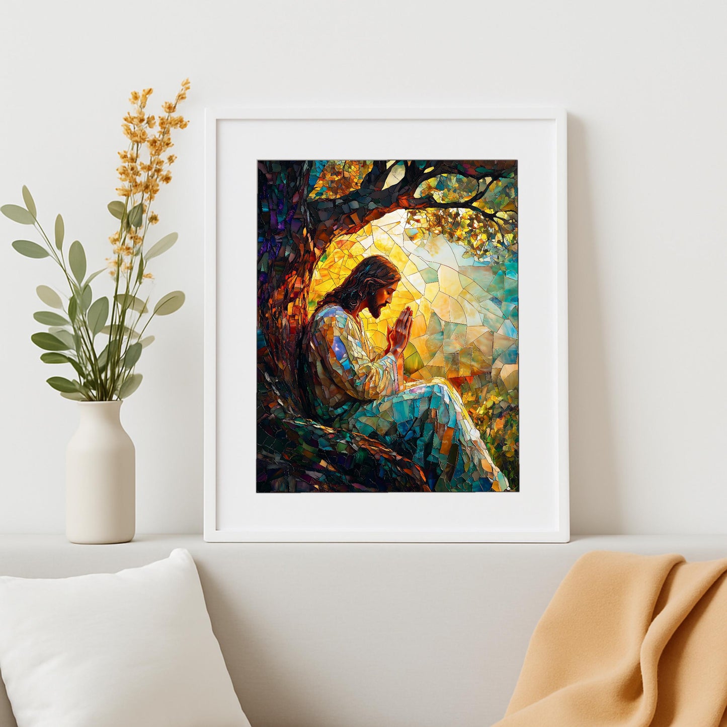 Bedroom wall decor showing Christian stained glass artwork