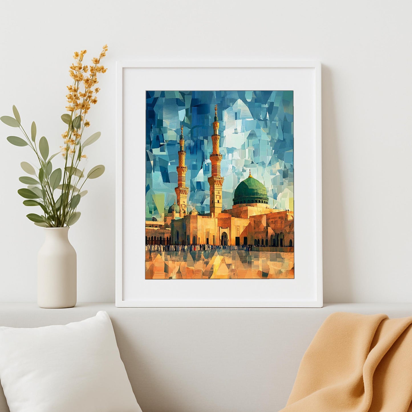 Geometric arabesque motif with mosque imagery on canvas
