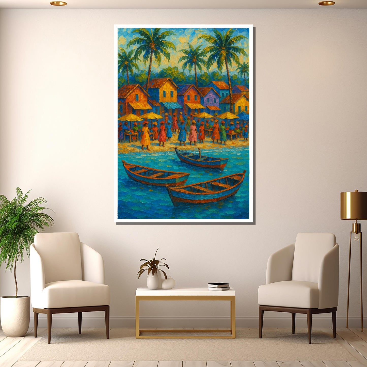 Bright palm trees and boats artwork for living room