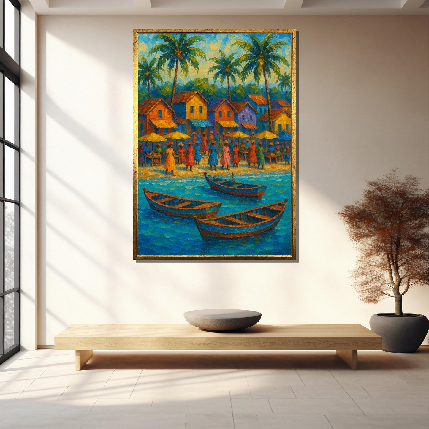 Close-up of palm trees against a sunny tropical coastal scene