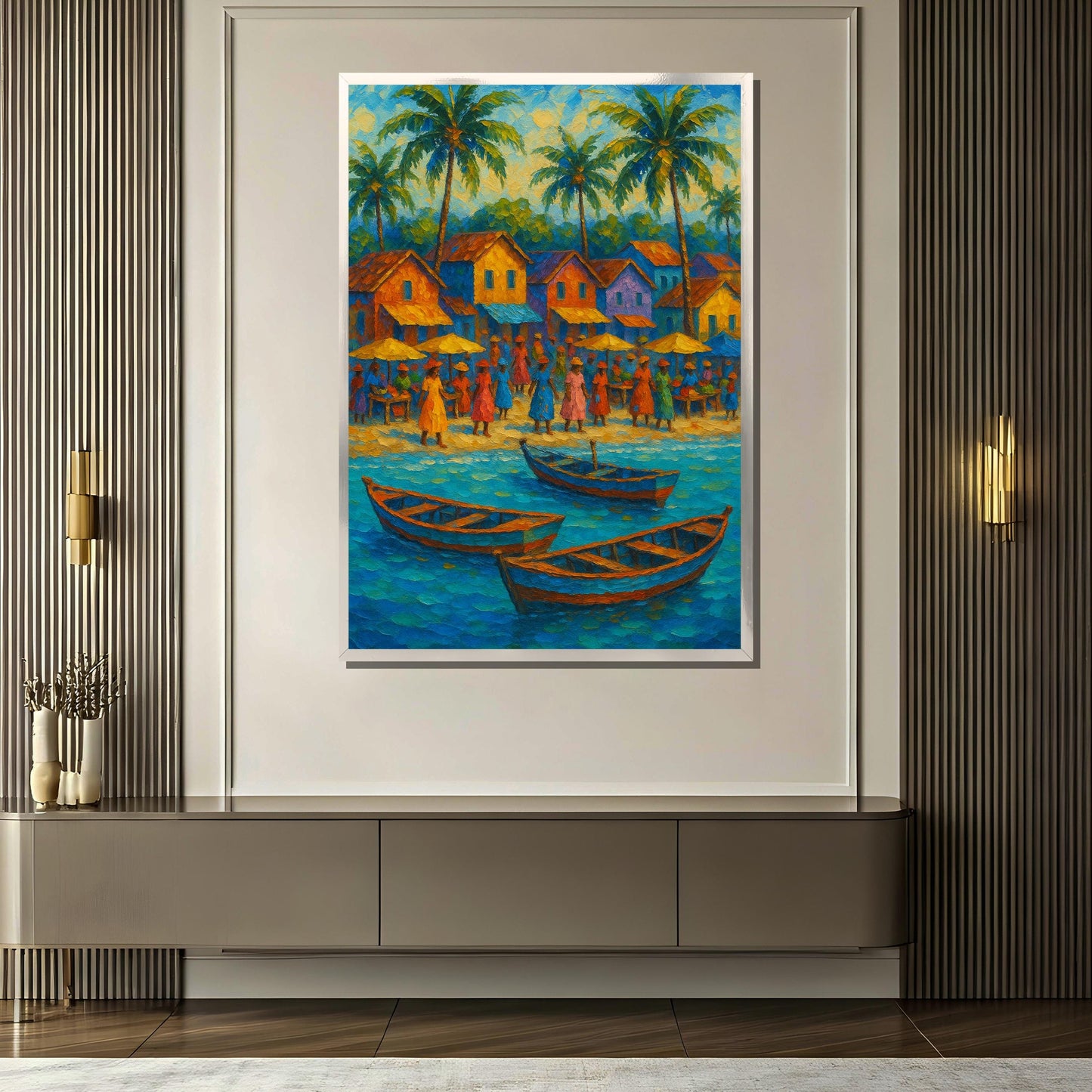 Abstract tropical village painting with vivid hues