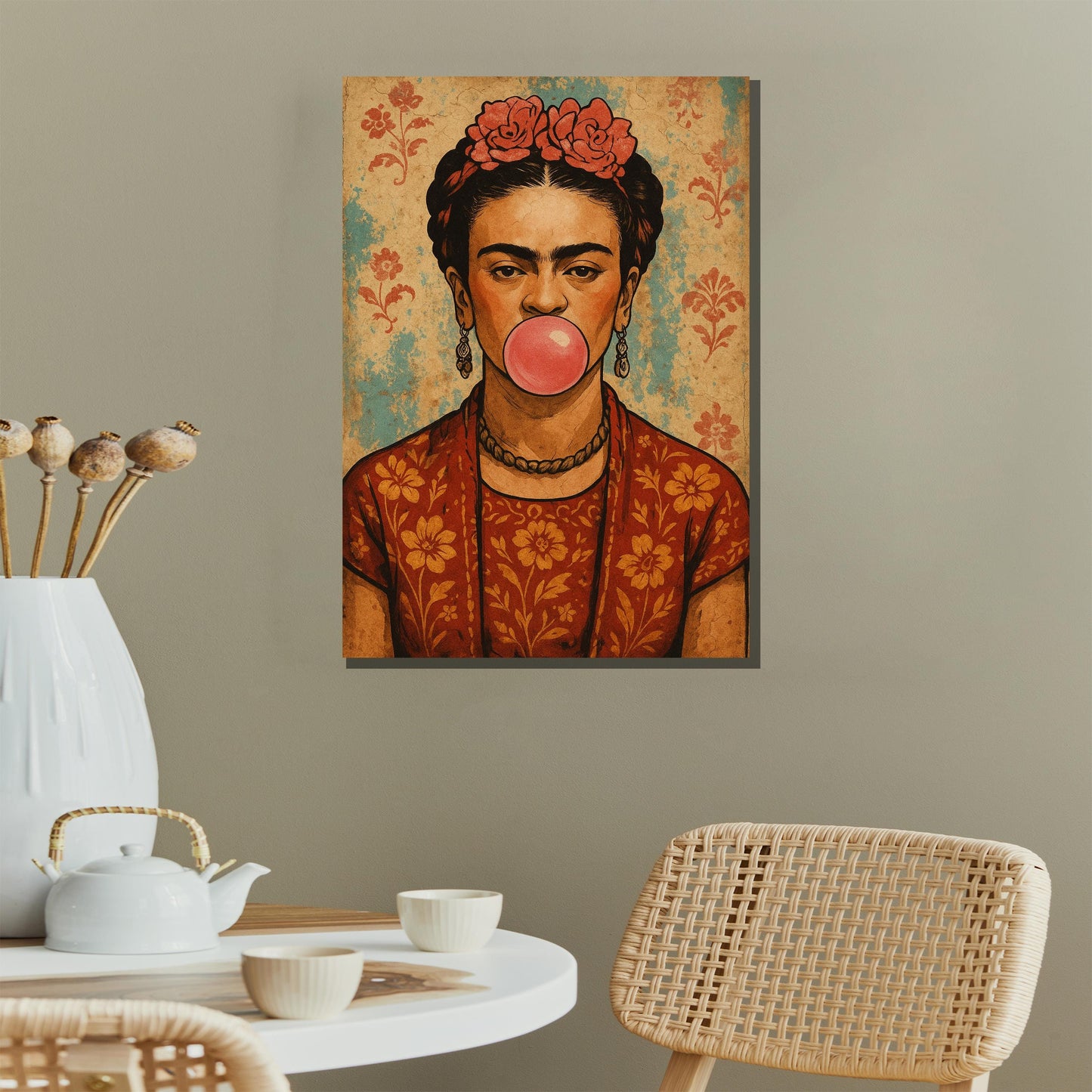 Living room with colorful wall art centerpiece