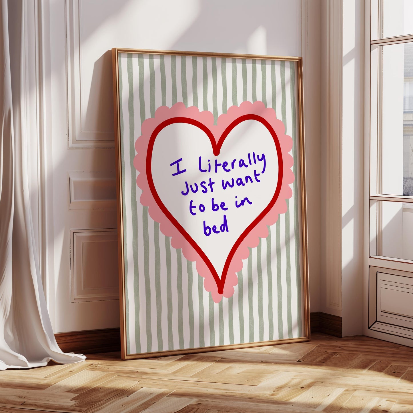 Close-up of retro quote wall art with bold typography